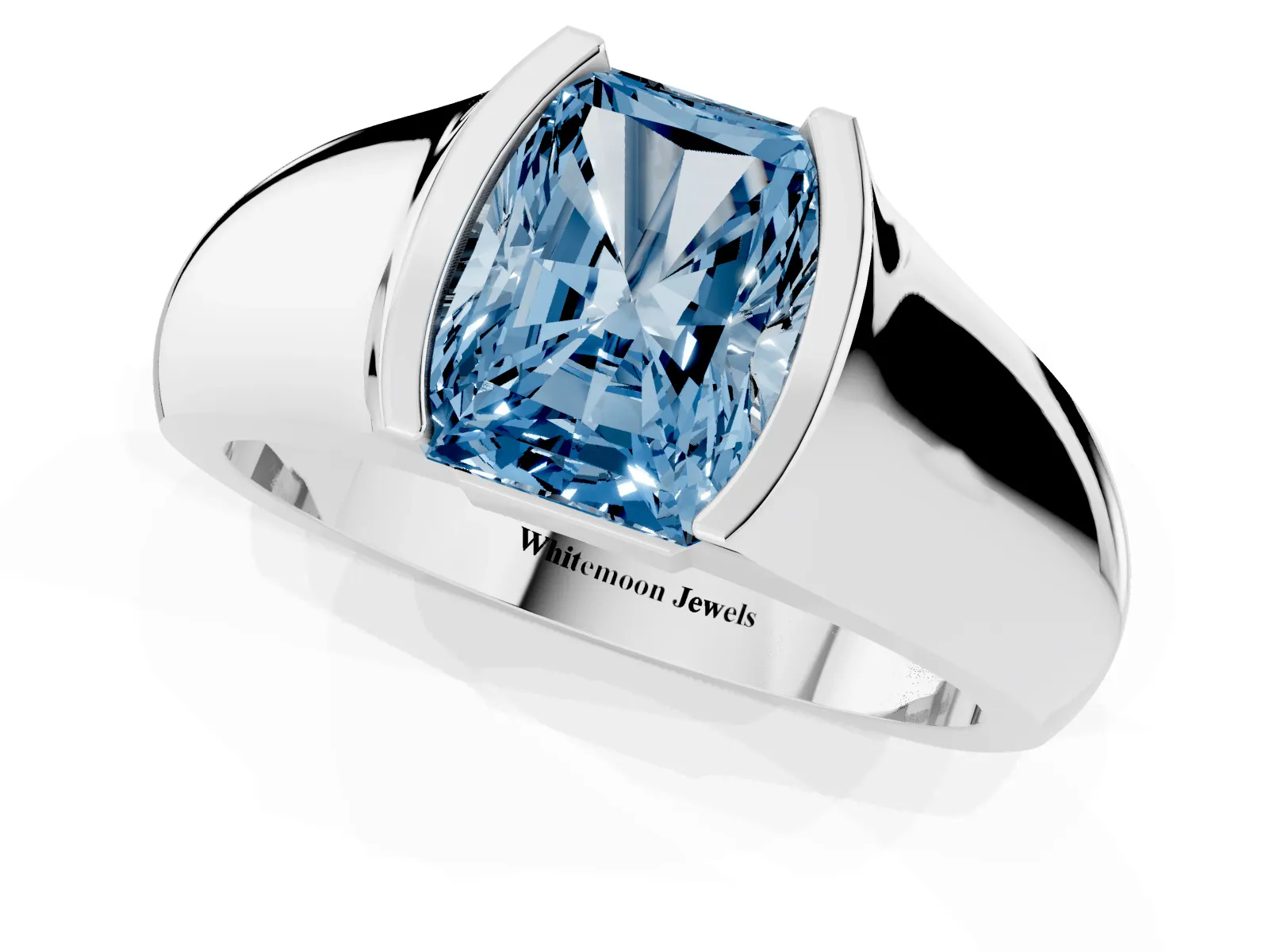 Fancy Blue Radiant Cut Solitaire Bezel Set Diamond Ring with Wide Band White gold