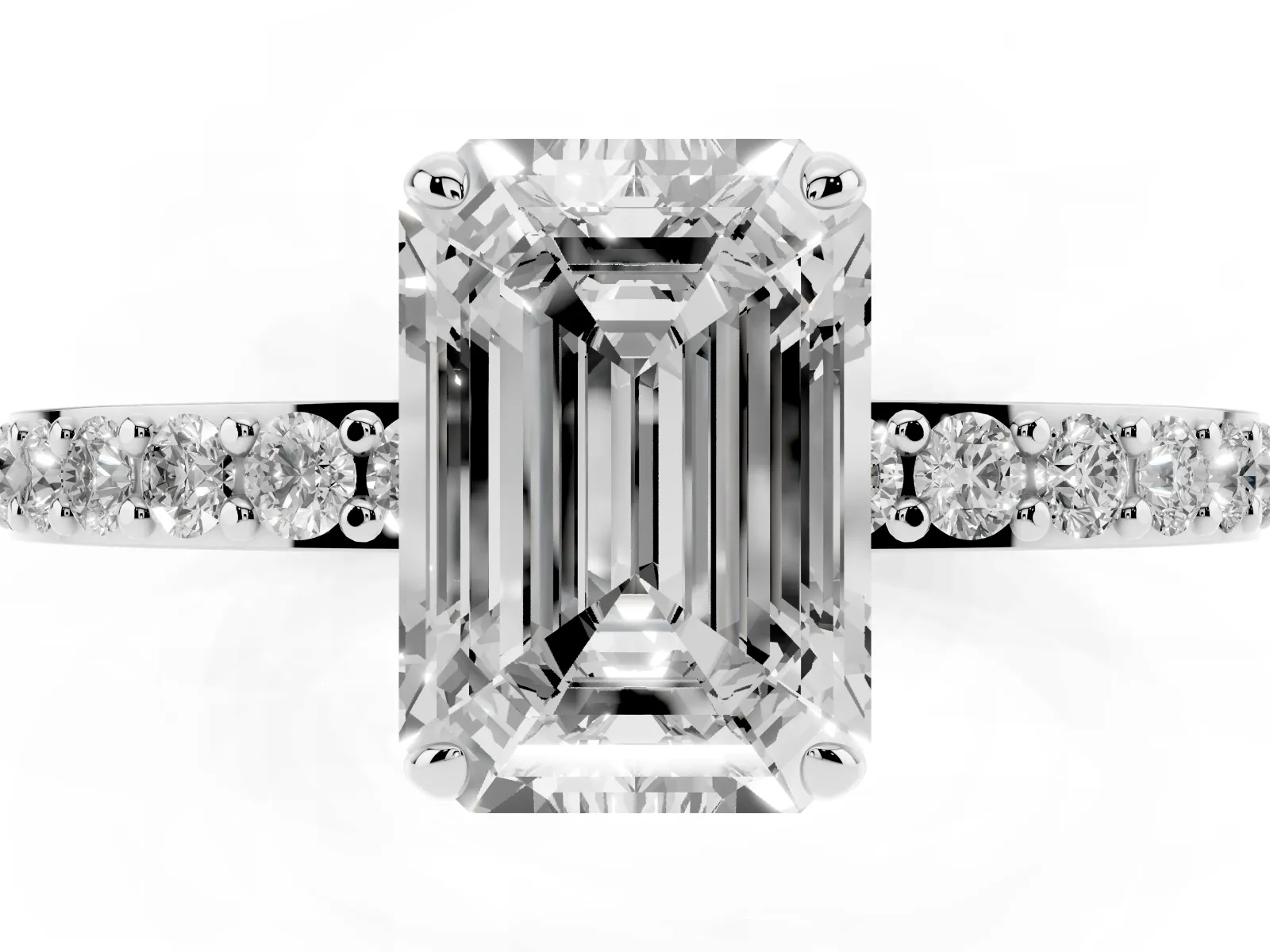 Emerald Cut Diamond Solitaire Engagement Ring with Pavé Band and Four-Prong Setting White gold
