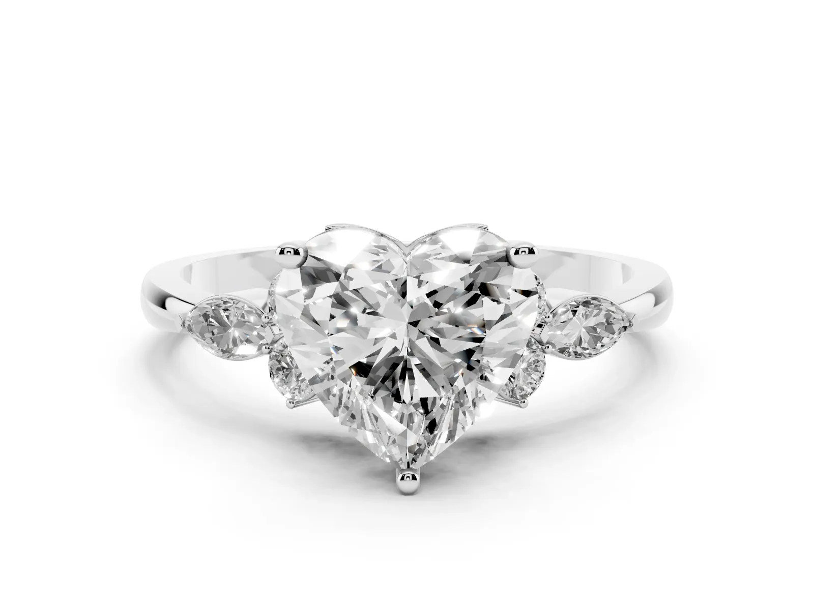 Heart Cut Brilliant Diamond Solitaire Ring with Pear Side Stones and Four-Prong Setting Platinum
