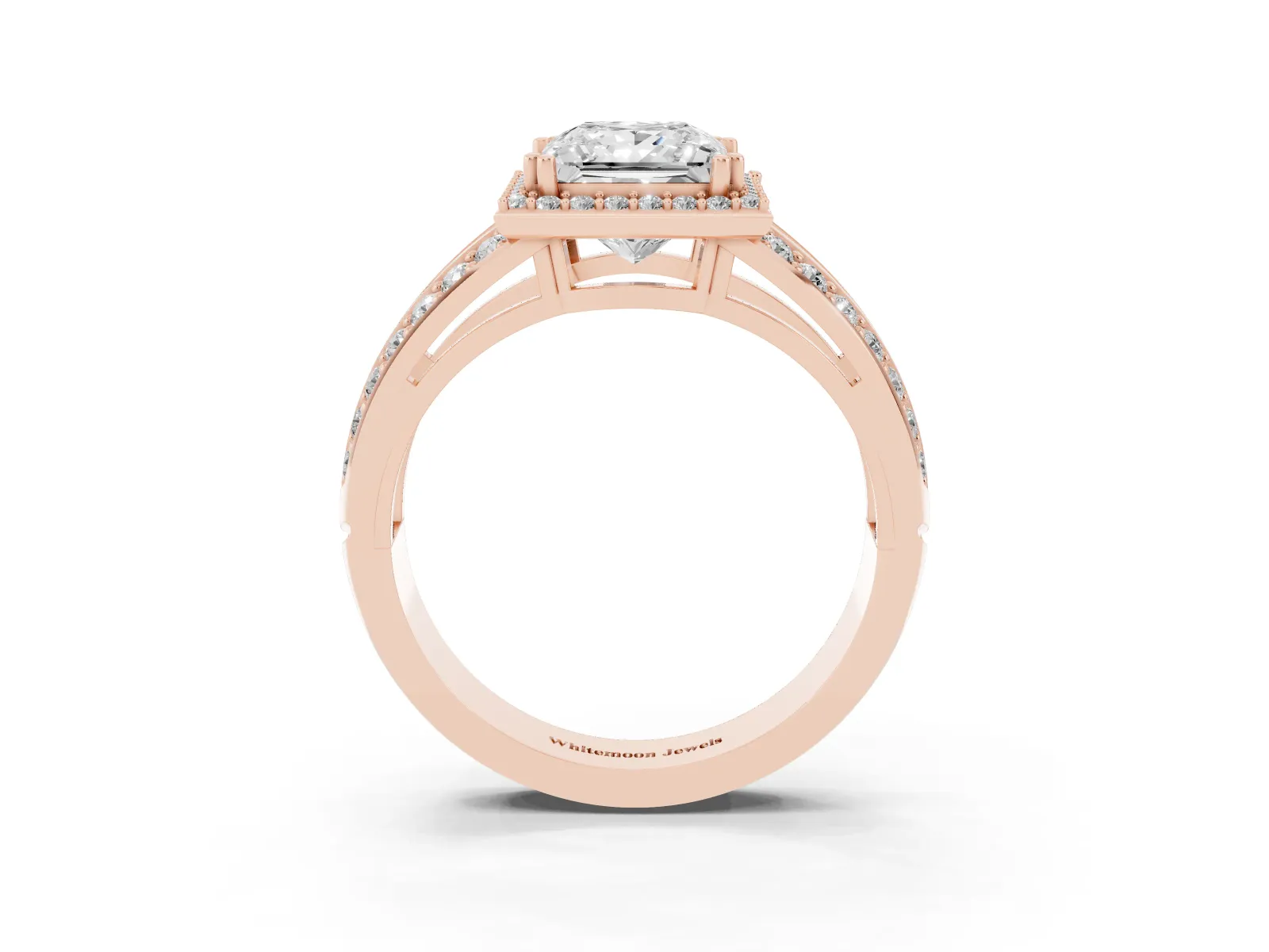 Princess Cut Diamond Halo Ring with Split Shank Pavé Band and Four-Prong Setting Rose gold