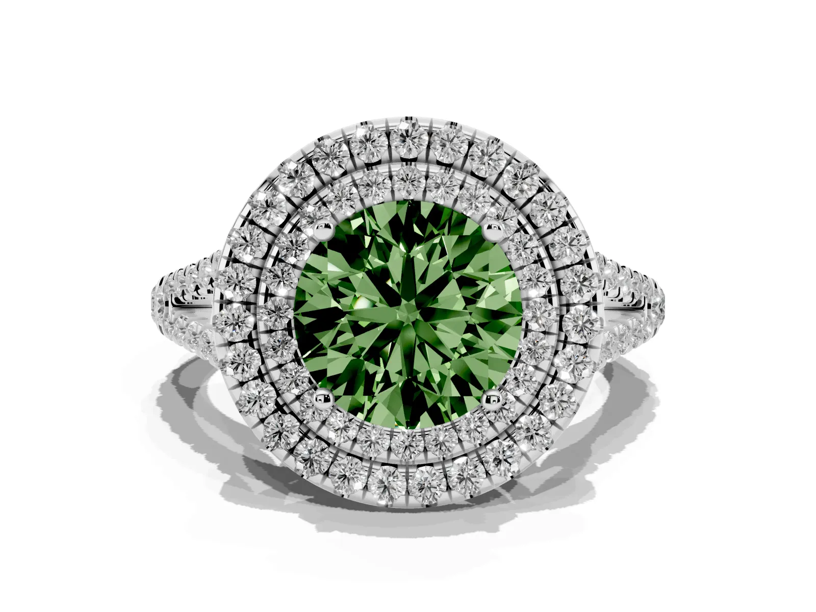 Fancy Green Round Cut Diamond Double Halo Ring with Pavé Band and Prong Setting Platinum