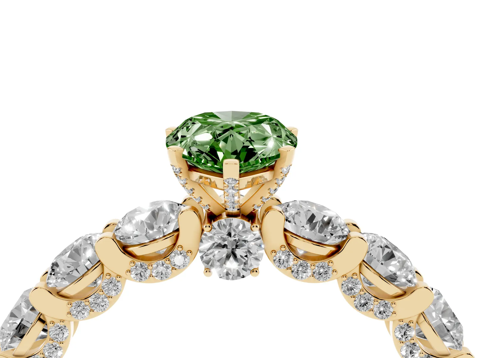 Fancy Green Pear Cut Diamond Side Stone Engagement Ring with Four-Prong Setting Yellow gold