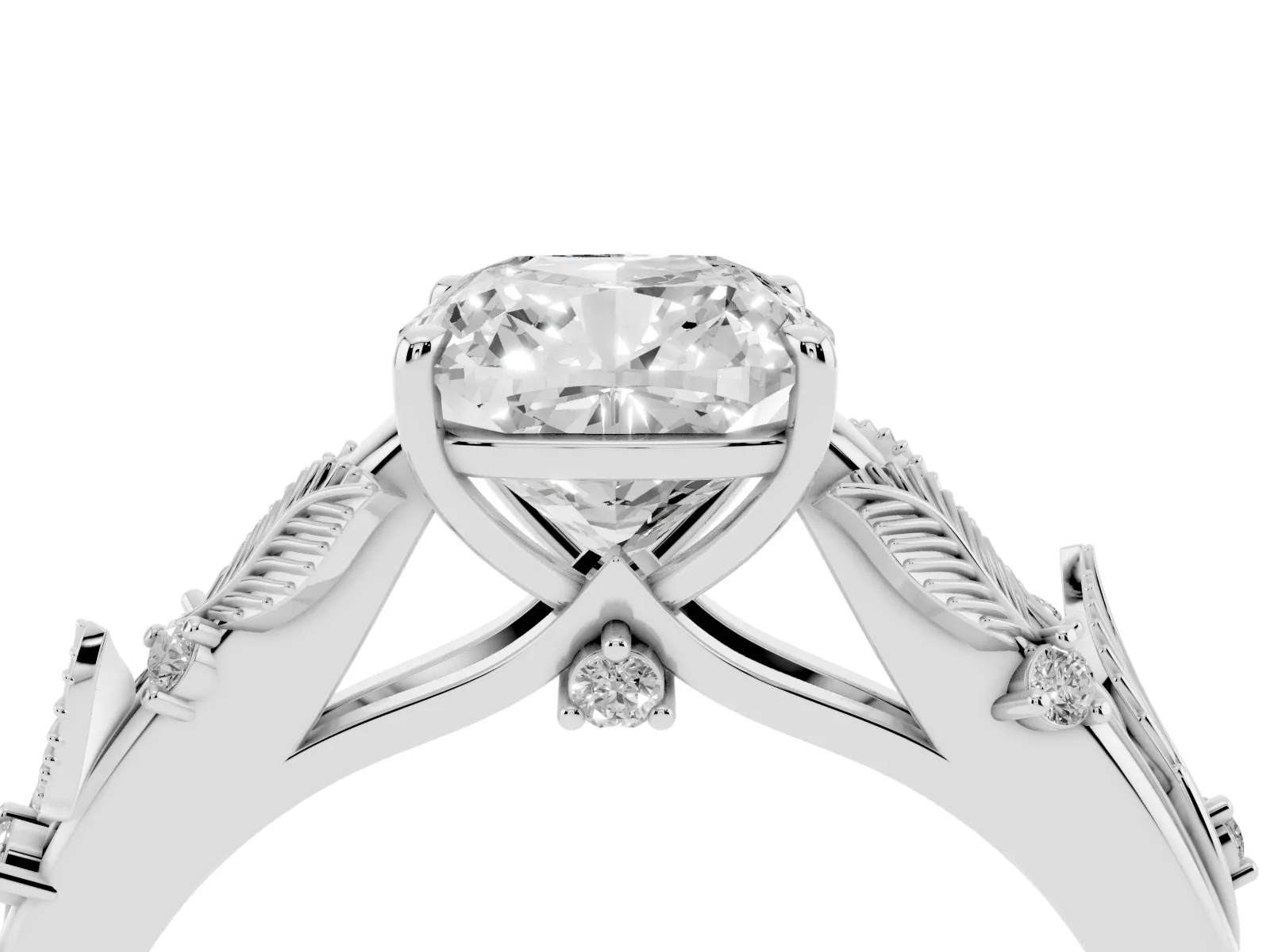 Cushion Cut Diamond Solitaire Ring with Leaf Motif Band and Four-Prong Setting Platinum