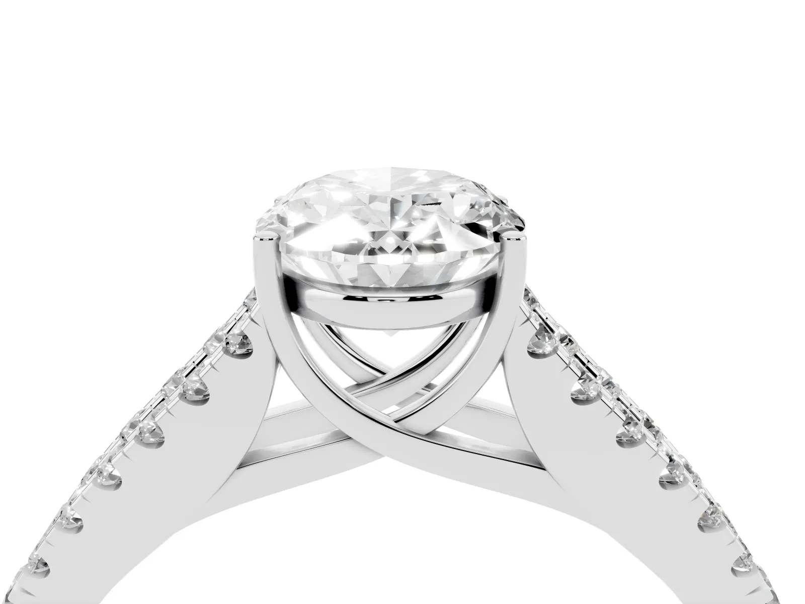 Oval Cut Diamond Split Shank Engagement Ring with Round Pavé and Prong Setting White gold