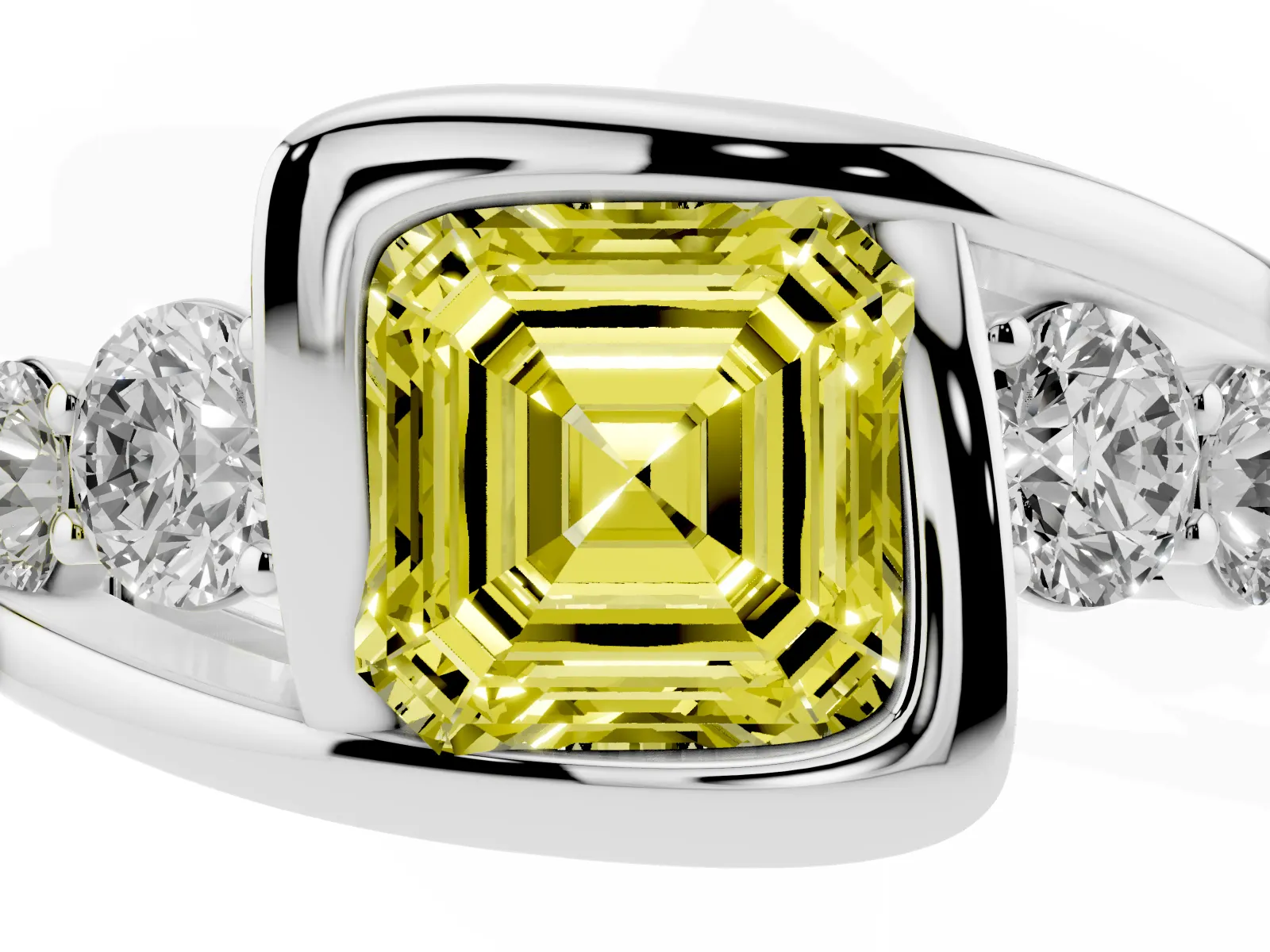 Fancy Yellow Bezel Set Asscher Cut Diamond Bypass Ring with Round Accents Platinum