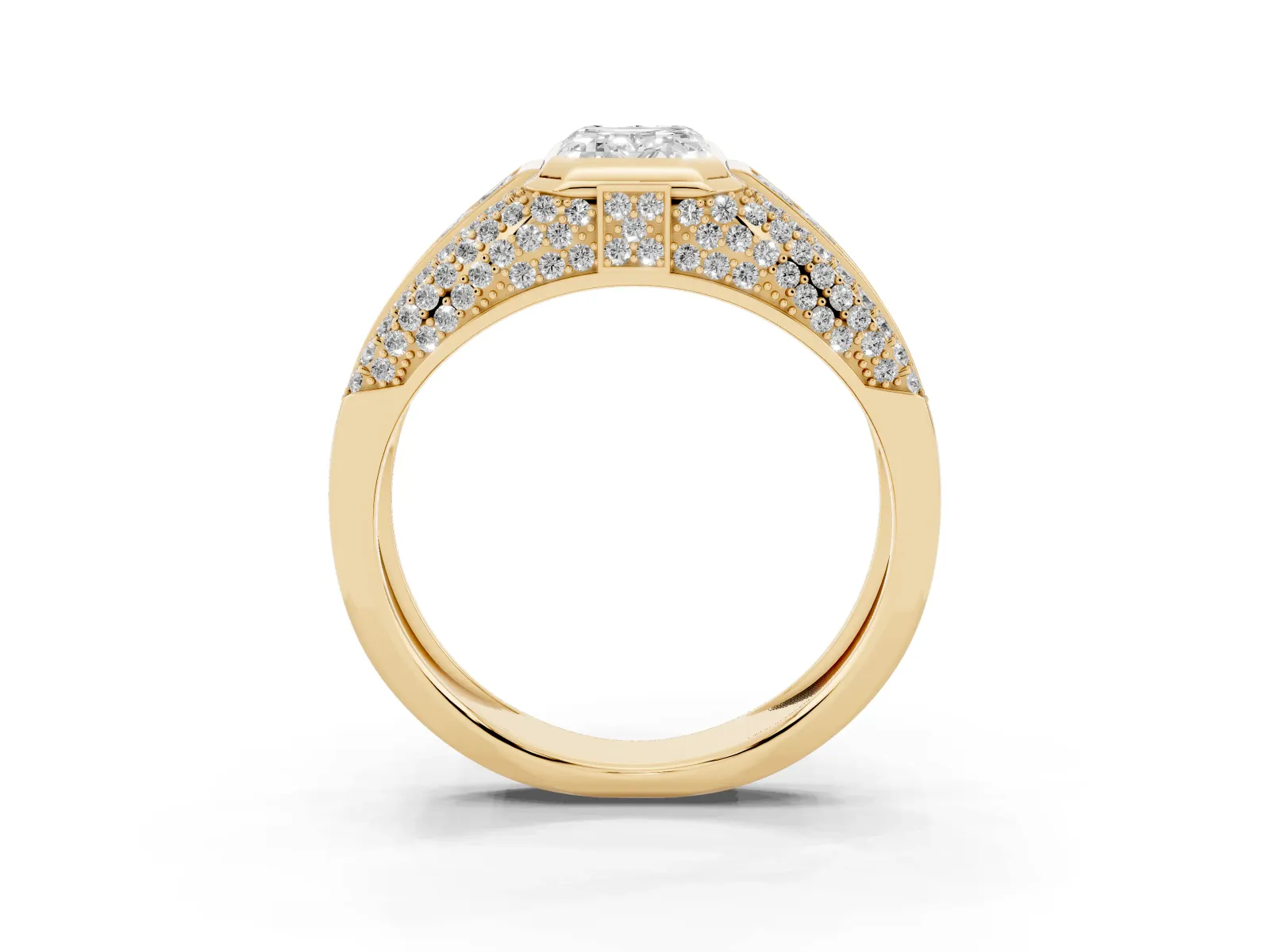 Emerald Cut Diamond Mens Ring with Side Stones Yellow gold