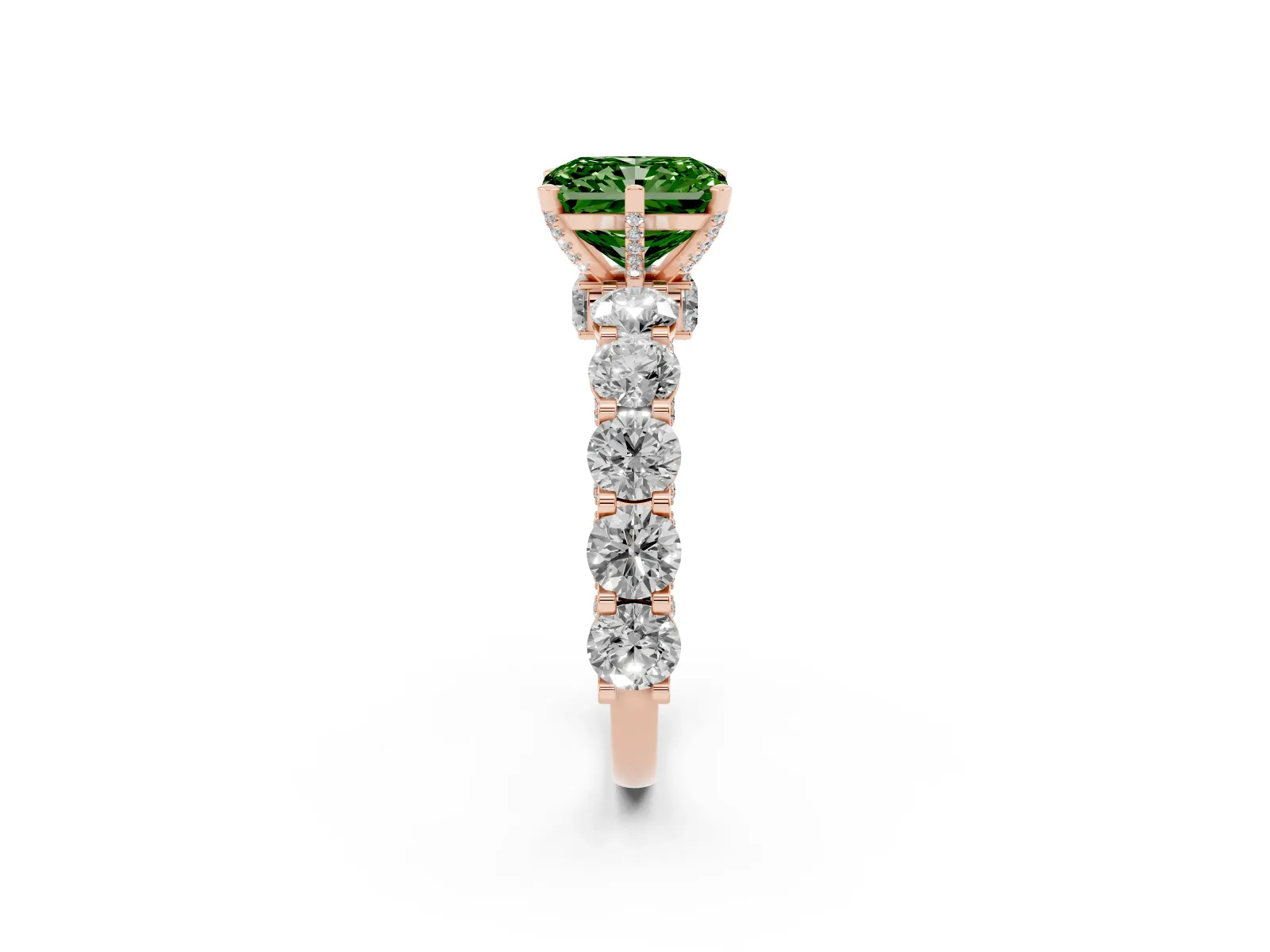 Fancy Green Radiant Cut Diamond Side Stone Engagement Ring with Four-Prong Setting Rose gold