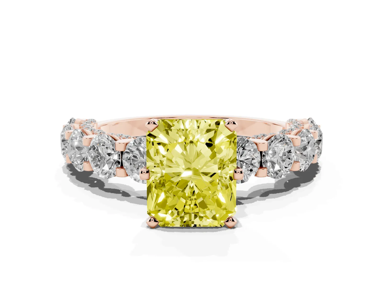 Fancy Yellow Radiant Cut Diamond Side Stone Engagement Ring with Four-Prong Setting Rose gold