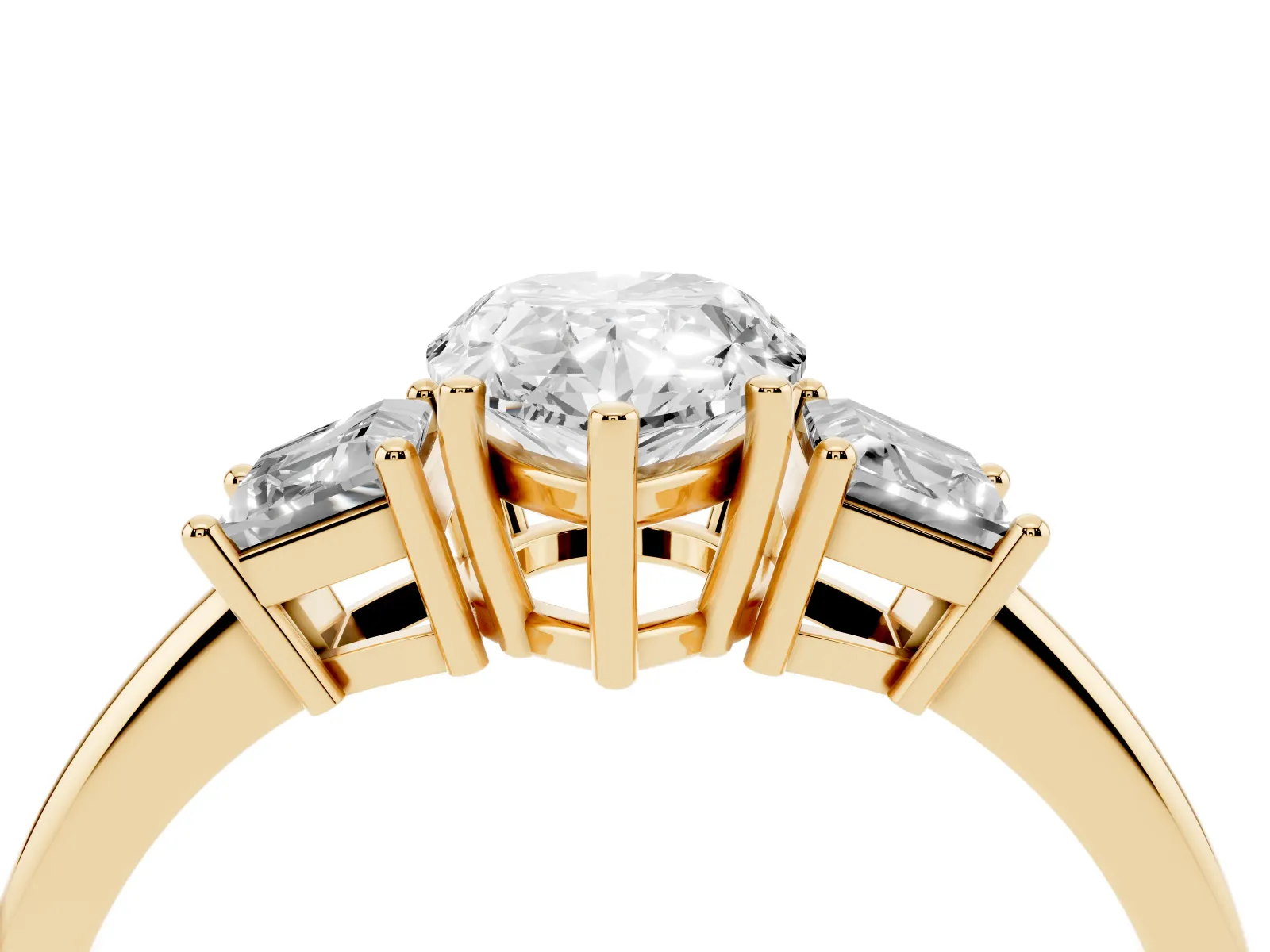 Pear Cut Diamond Three-Stone Ring with Trapezoid Side Stones and Prong Setting Yellow gold