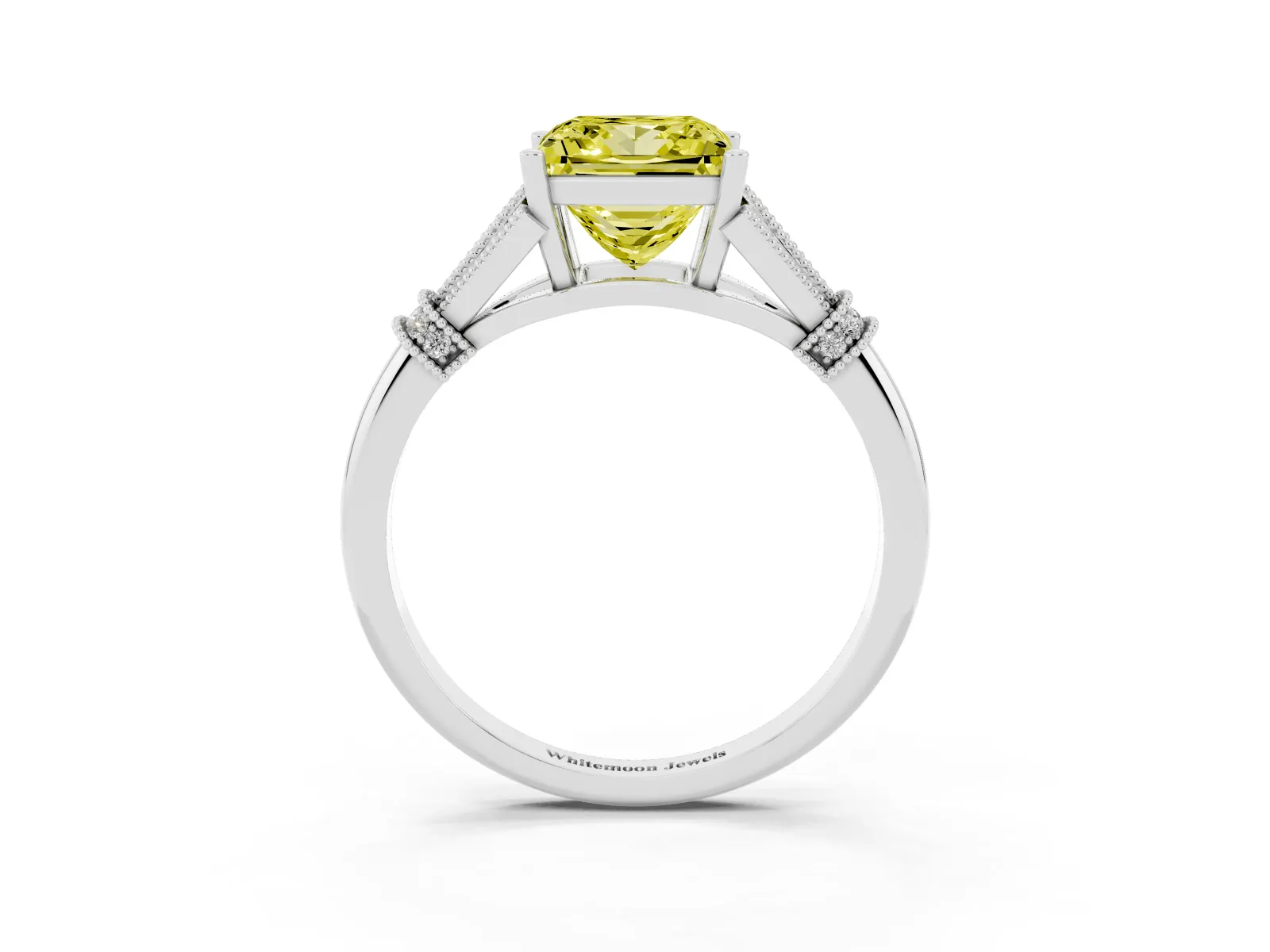 Fancy Yellow Princess Cut Diamond Solitaire Ring with Floral Filigree and Pave Accents Platinum