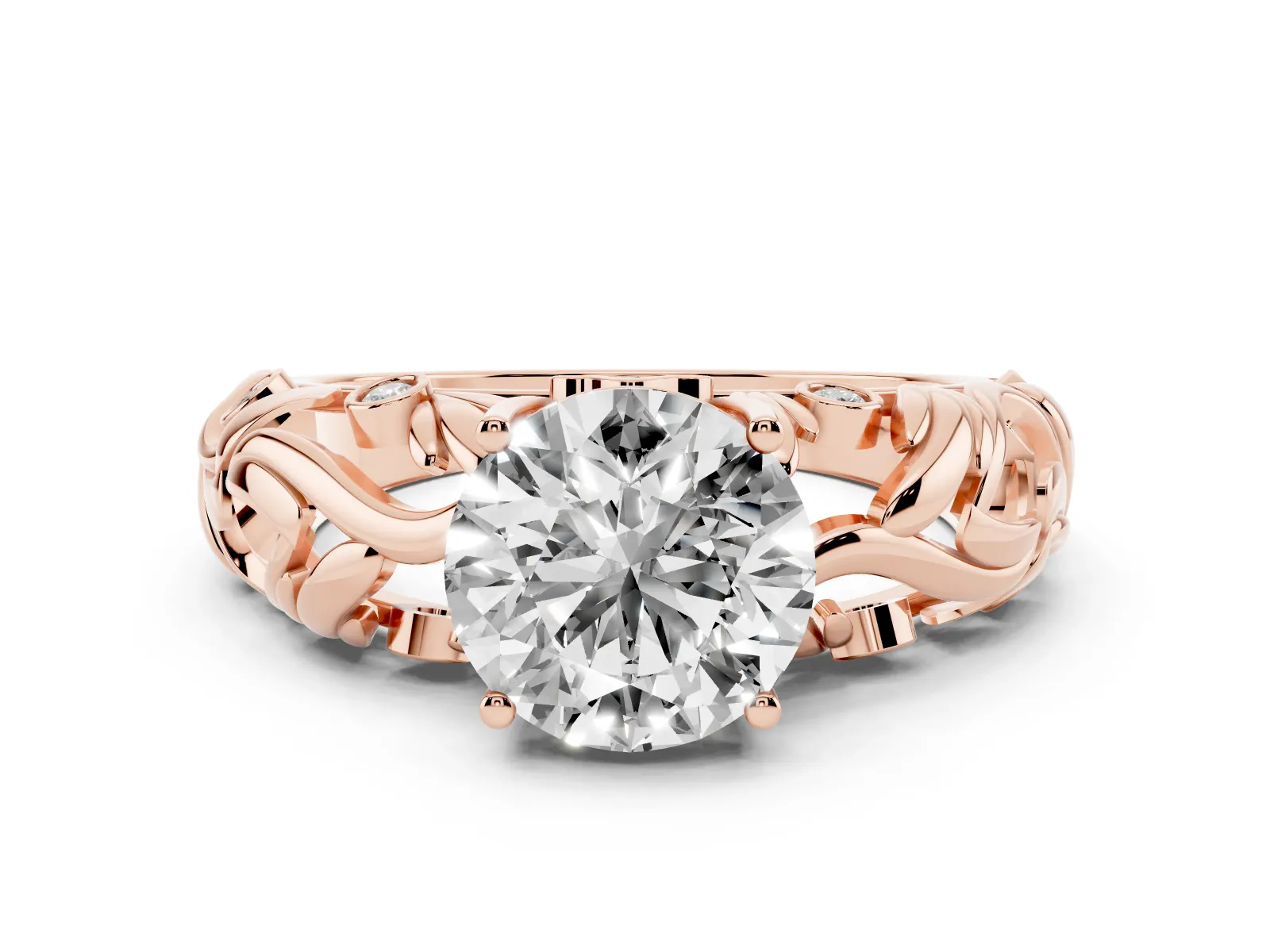 Round Cut Solitaire Diamond Leaf-Inspired Vine Band Ring with Prong Setting Rose gold