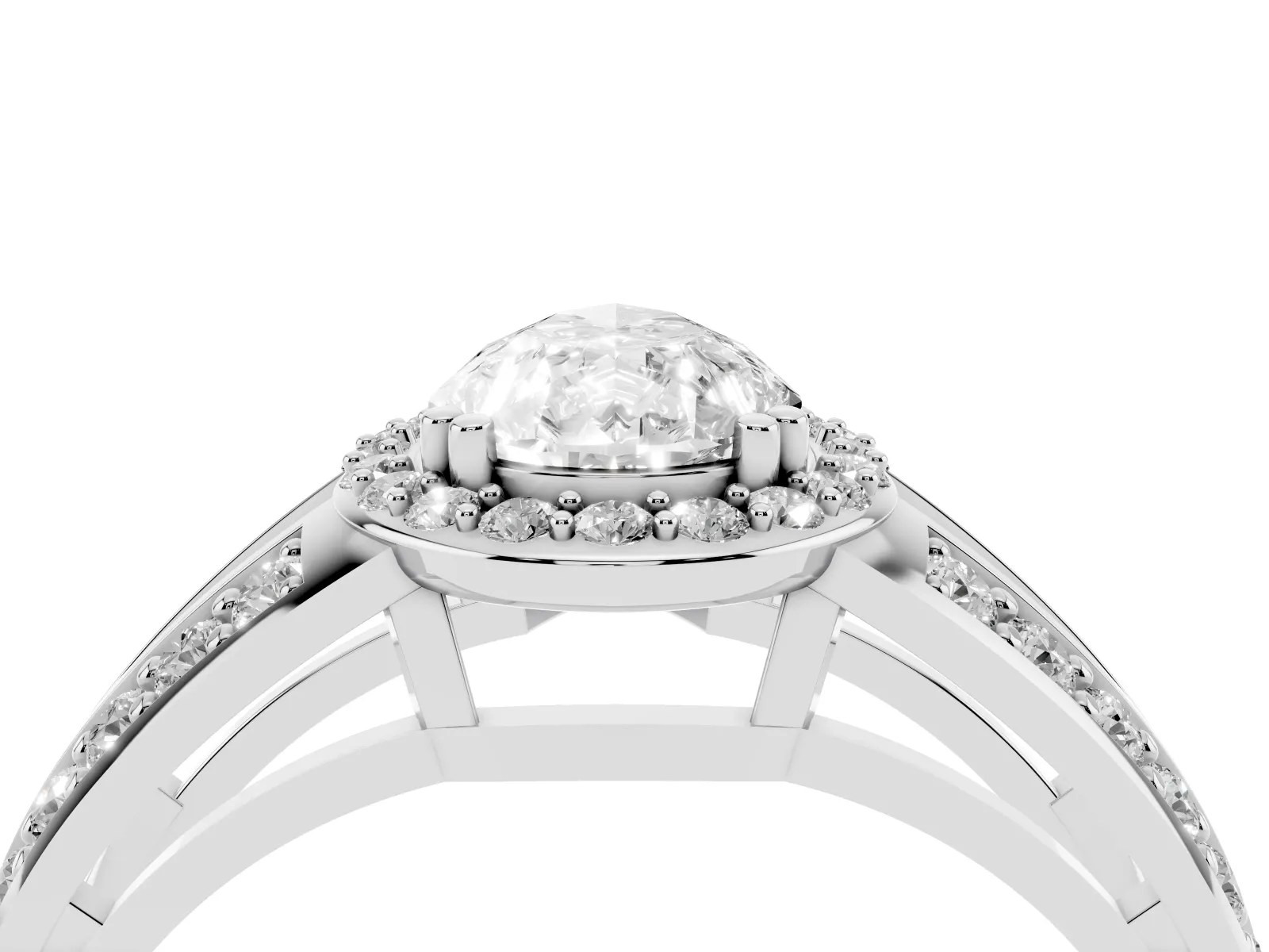 Pear Cut Diamond Halo Ring with Split Shank Pavé Band and Four-Prong Setting Platinum