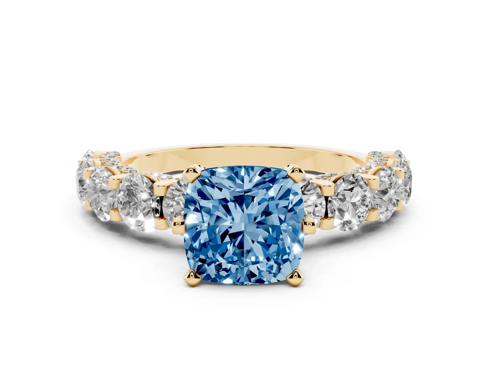 Fancy Blue Cushion Cut Diamond Side Stone Engagement Ring with Four-Prong Setting Yellow gold
