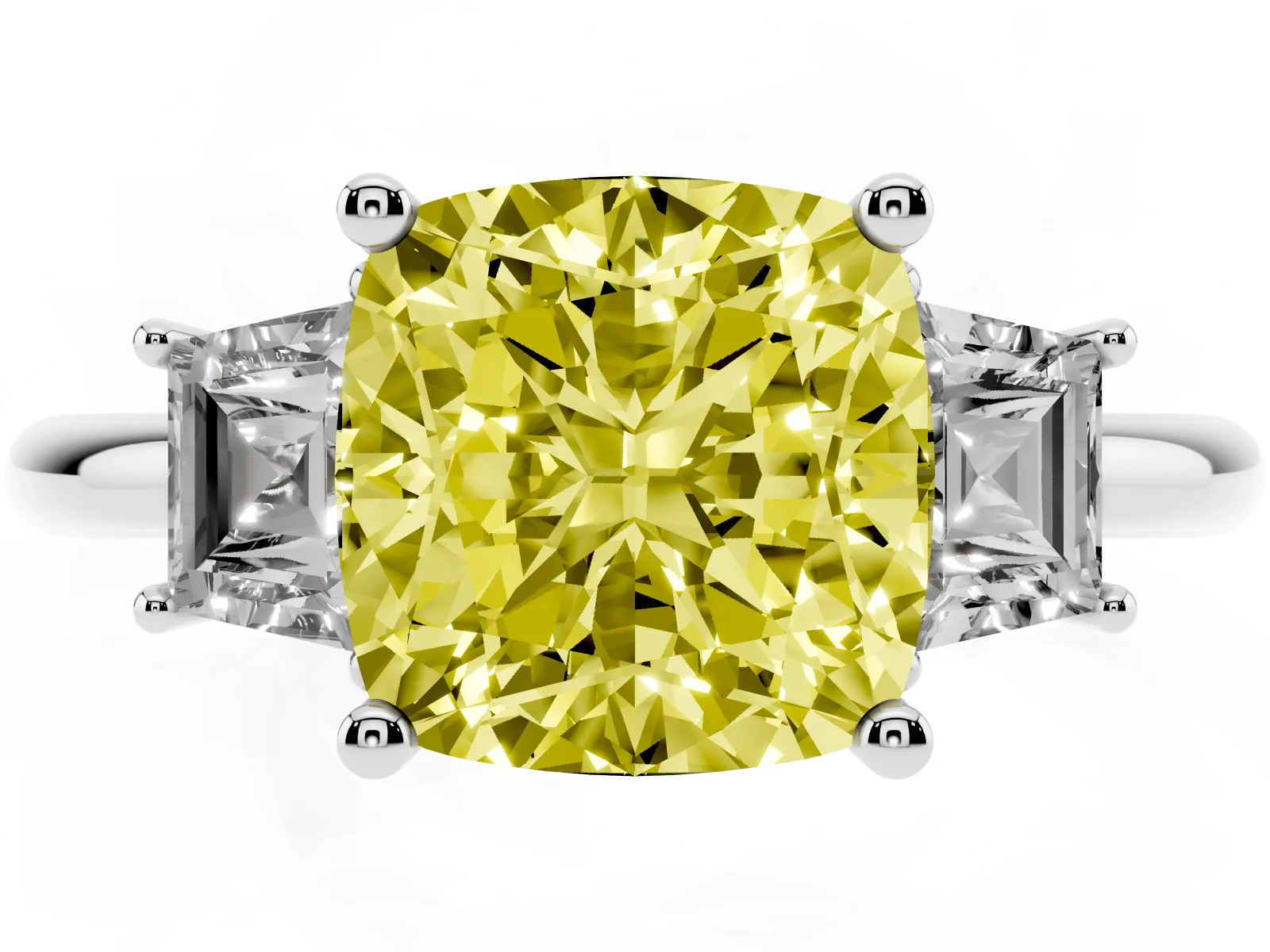 Fancy Yellow Cushion Cut Diamond Three-Stone Ring with Trapezoid Side Stones and Prong Setting Platinum