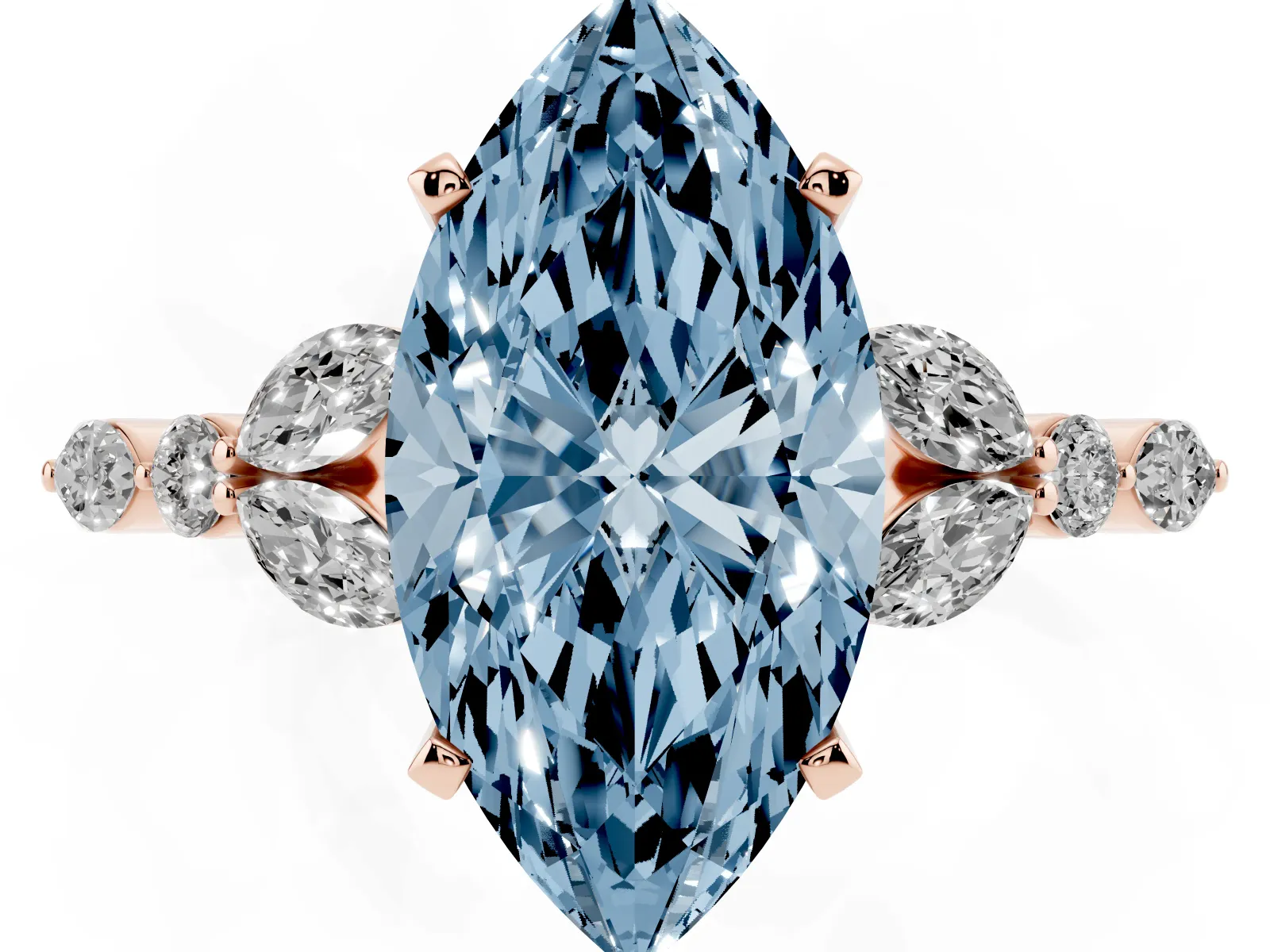 Fancy Blue Marquise Cut Diamond Solitaire Ring with Side Stones and Four-Prong Setting Rose gold