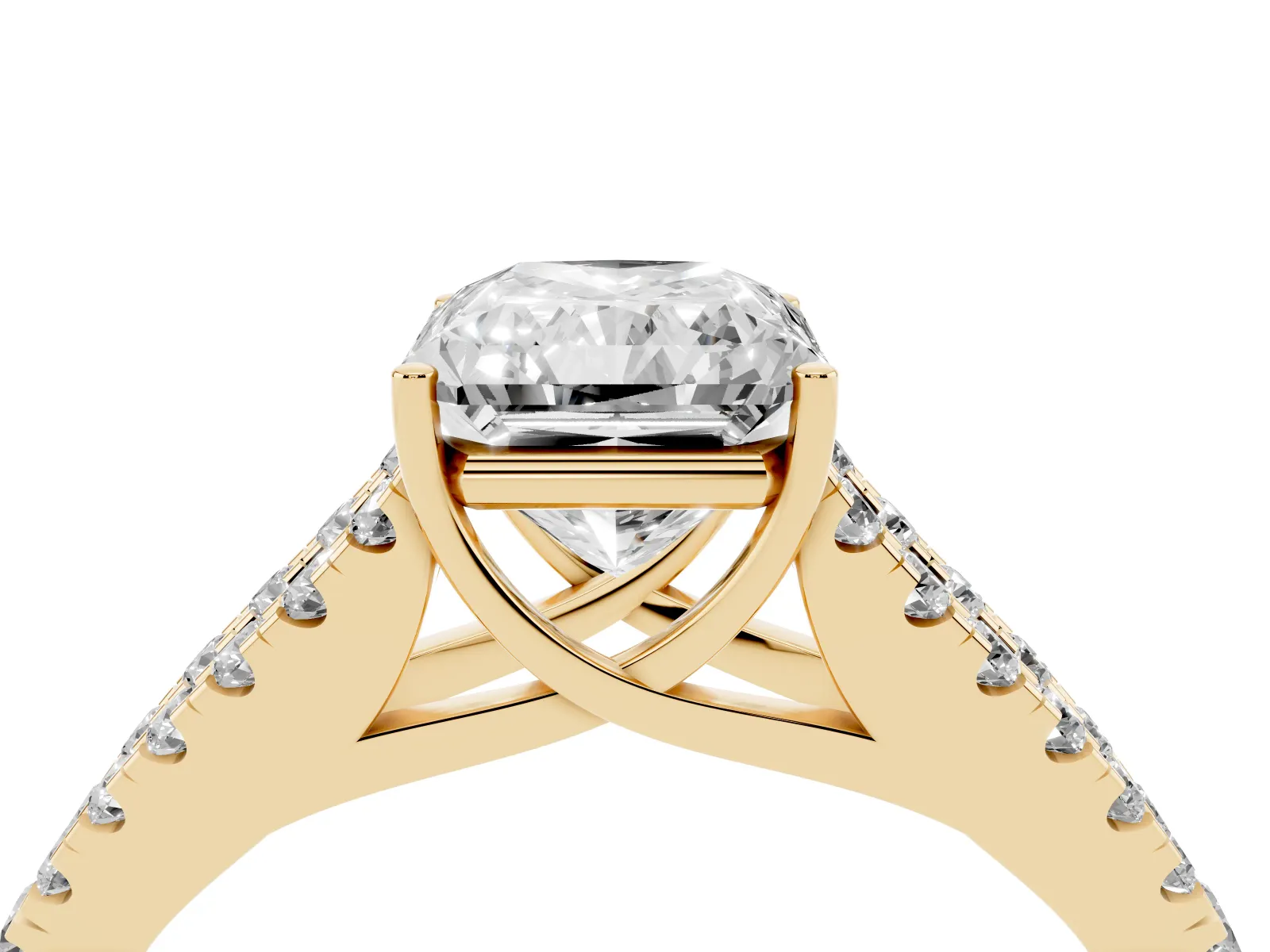 Radiant Cut Diamond Split Shank Engagement Ring with Round Pavé and Prong Setting Yellow gold