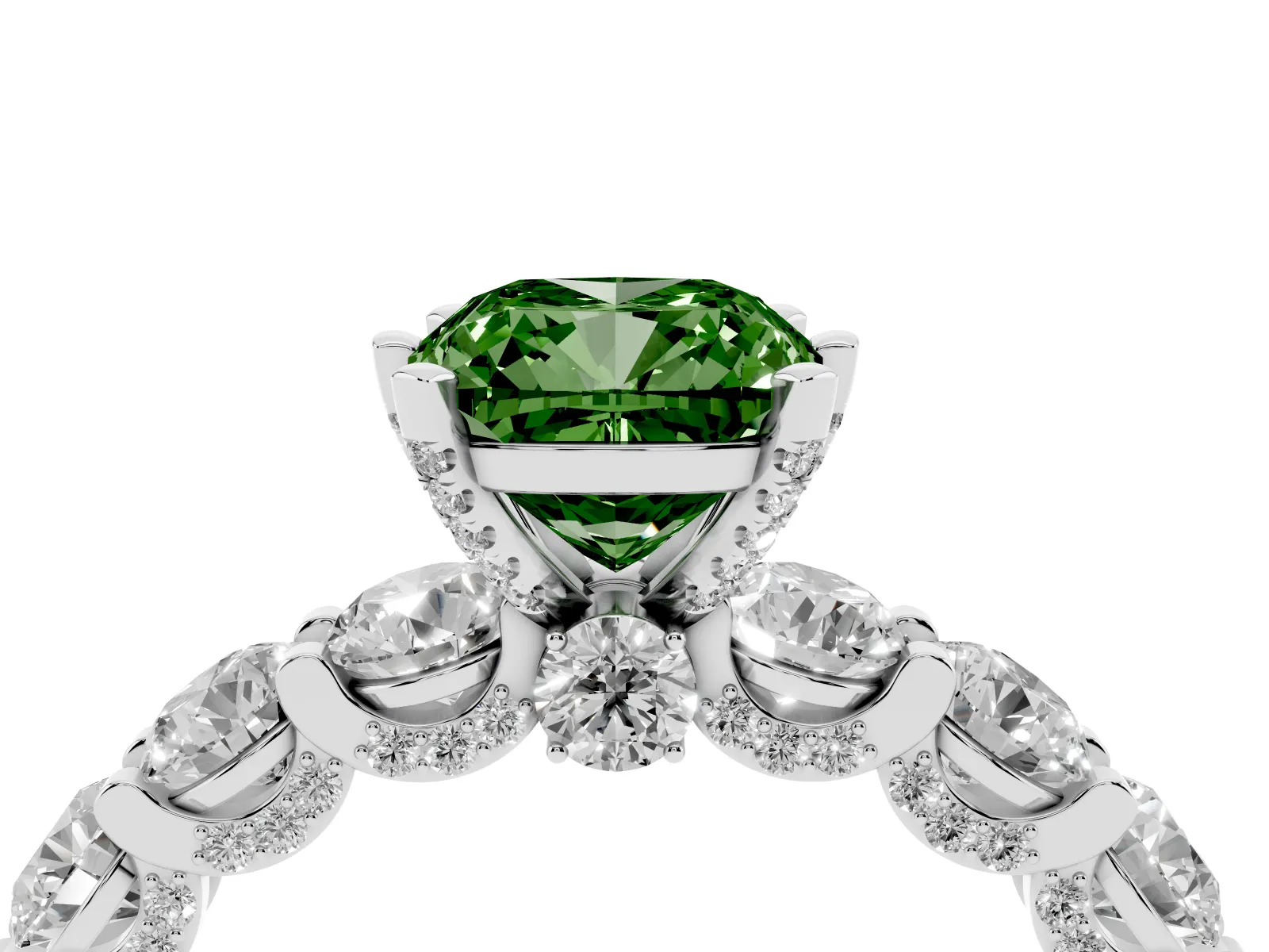 Fancy Green Cushion Cut Diamond Side Stone Engagement Ring with Four-Prong Setting White gold