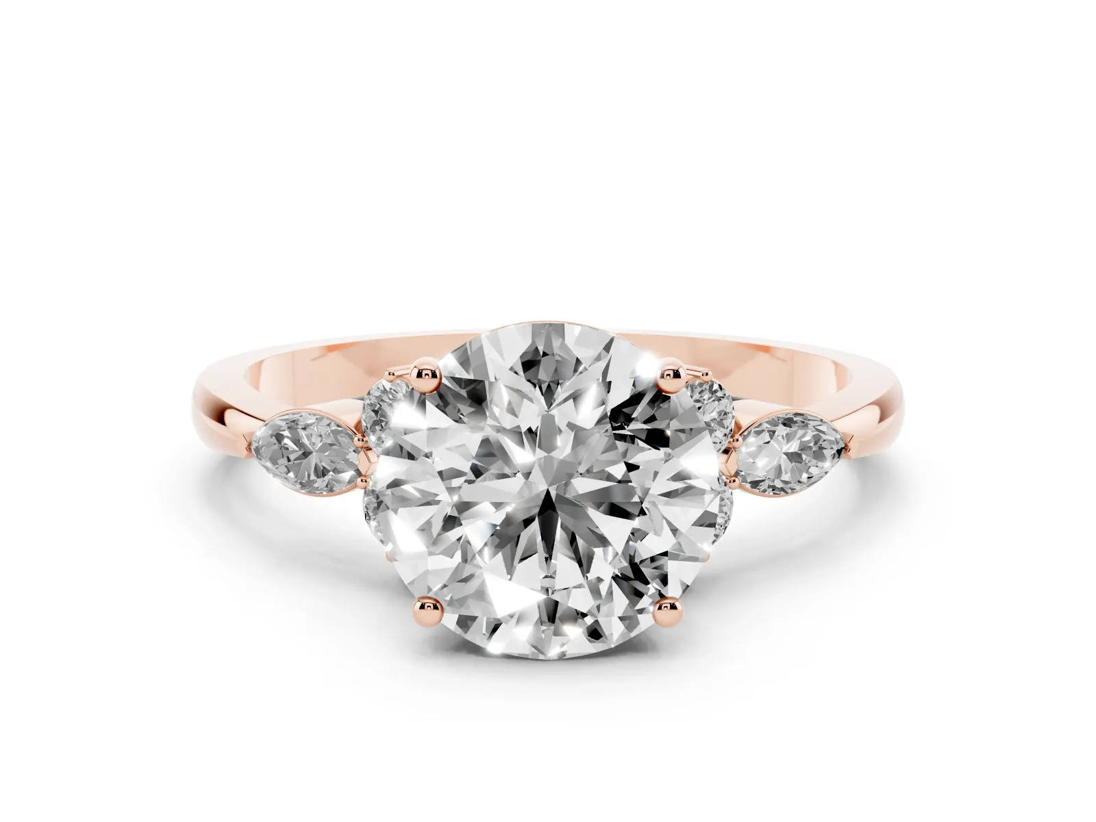 Round Cut Brilliant Diamond Solitaire Ring with Pear Side Stones and Four-Prong Setting Rose gold