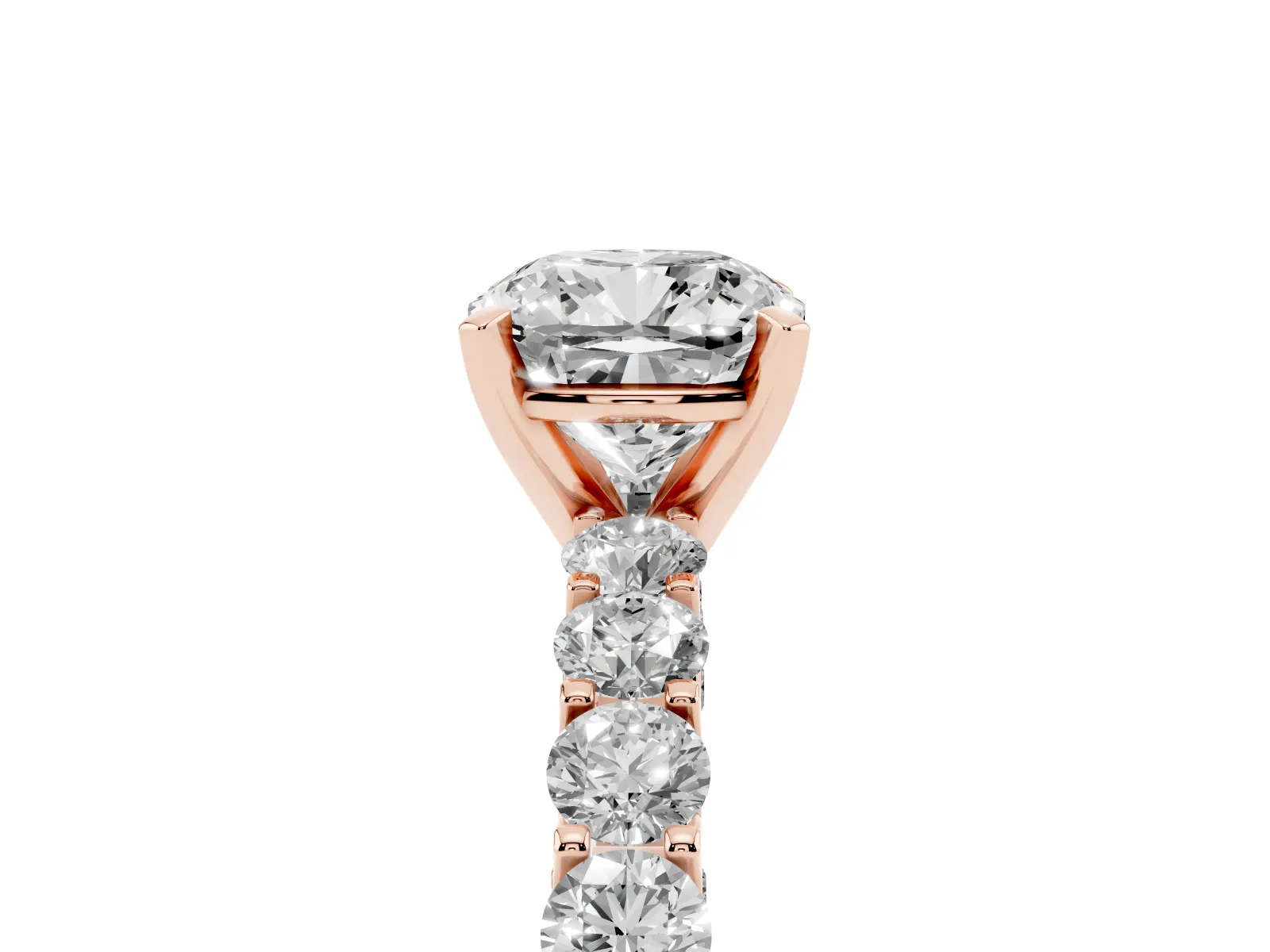 Cushion Cut Diamond Solitaire Ring with Shared Prong Pavé Band and Four-Prong Setting Rose gold