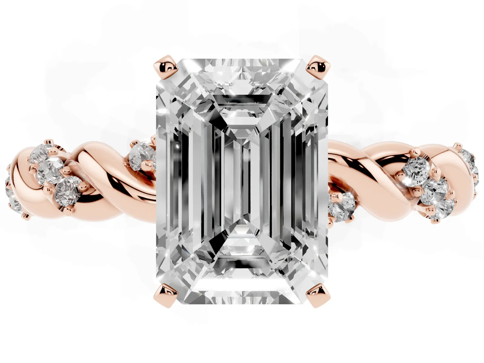Emerald Cut Diamond Solitaire Ring with Twisted Band and Pavé Accents Rose gold