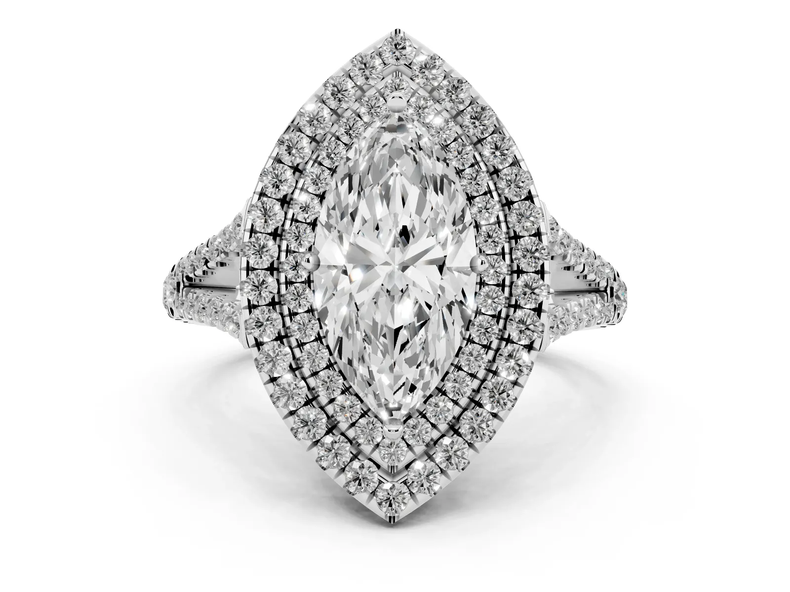 Marquise Cut Diamond Double Halo Ring with Pavé Band and Prong Setting Platinum