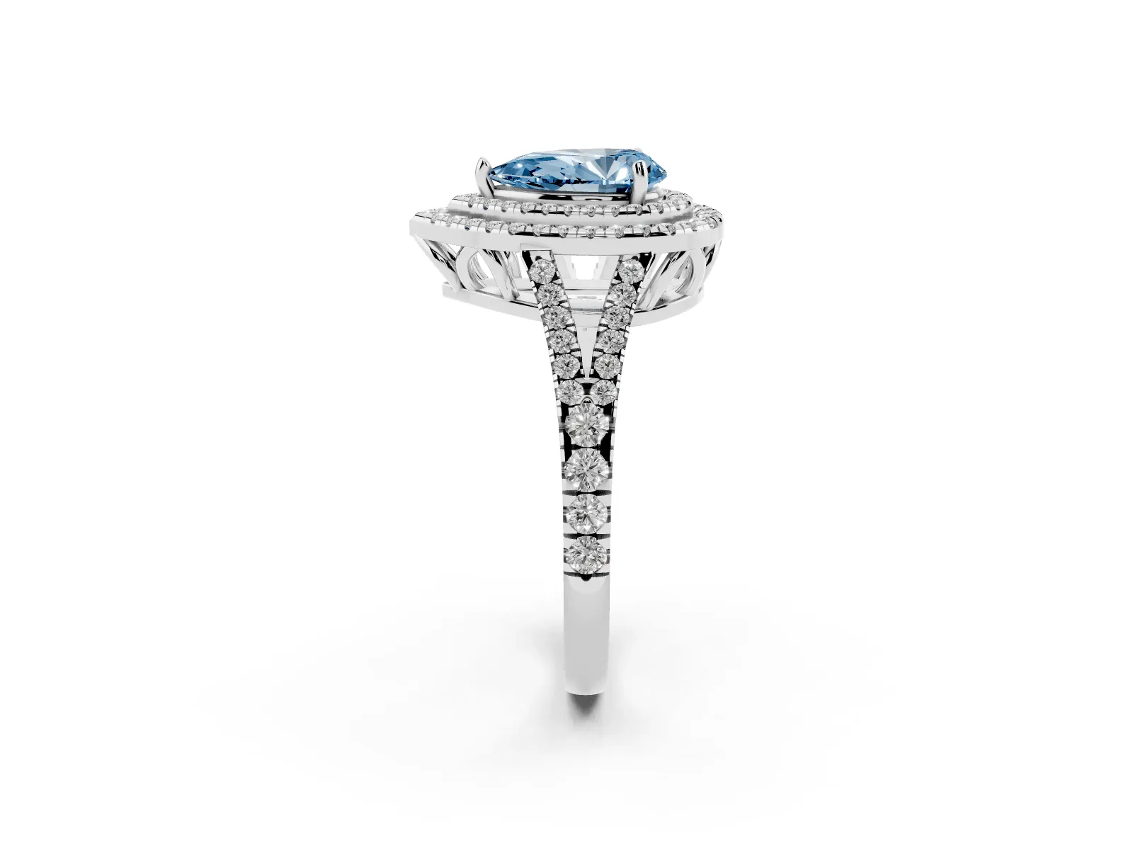 Fancy Blue Pear Cut Diamond Double Halo Ring with Pavé Band and Prong Setting Platinum