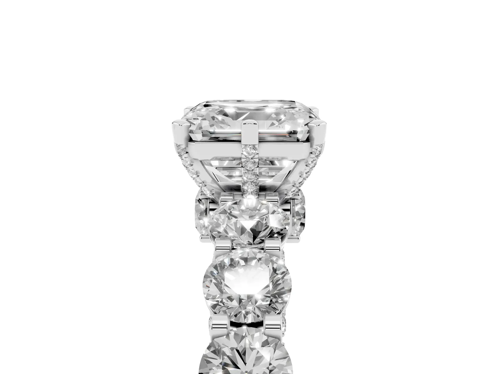 Asscher Cut Diamond Side Stone Engagement Ring with Four-Prong Setting Silver