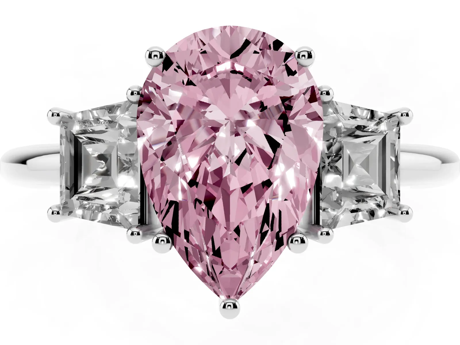 Fancy Pink Pear Cut Diamond Three-Stone Ring with Trapezoid Side Stones and Prong Setting Platinum
