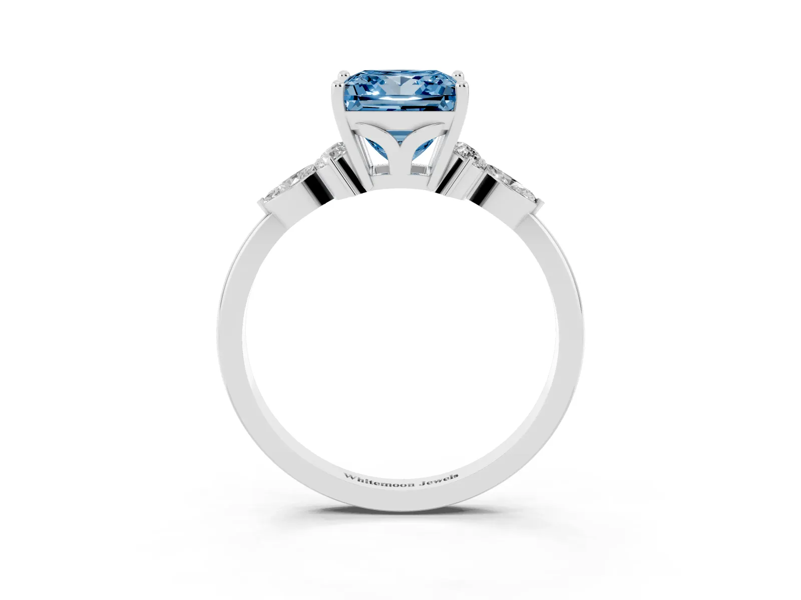 Fancy Blue Princess Cut Brilliant Diamond Solitaire Ring with Pear Side Stones and Four-Prong Setting Platinum