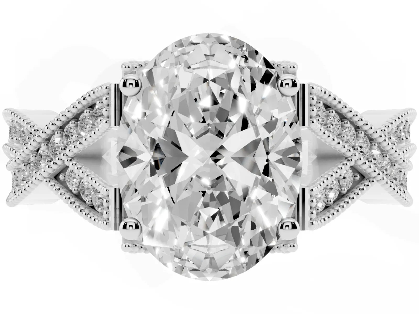 Oval Cut Cut Diamond Twisted Band with Milgrain Pave Setting and Four-Prong Setting Platinum