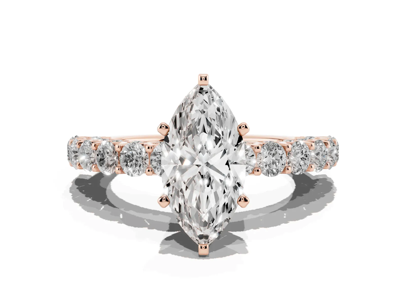 Marquise Cut Diamond Solitaire Ring with Shared Prong Pavé Band and Four-Prong Setting Rose gold