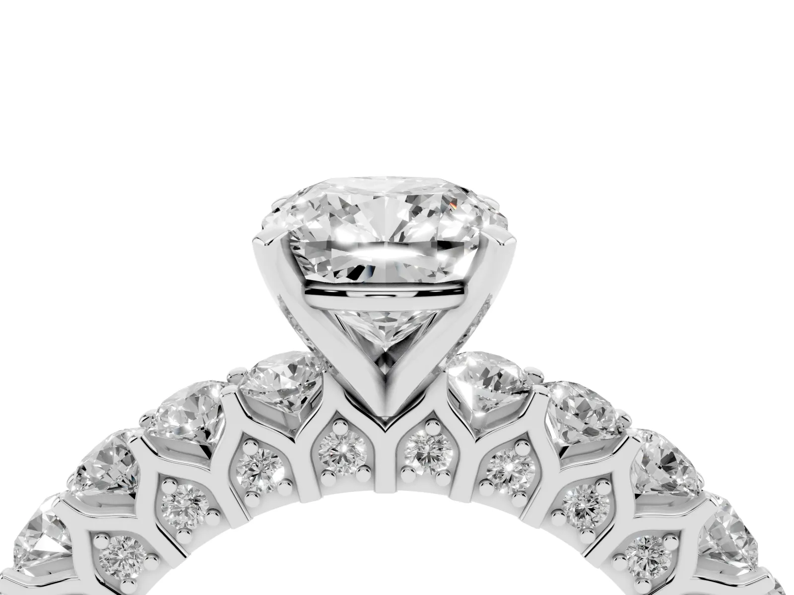 Cushion Cut Diamond Solitaire Ring with Shared Prong Pavé Band and Four-Prong Setting White gold
