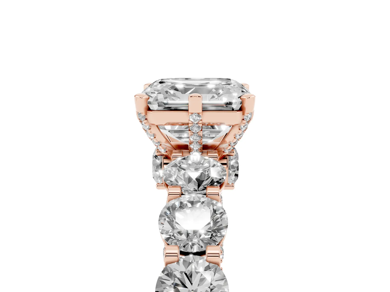 Asscher Cut Diamond Side Stone Engagement Ring with Four-Prong Setting Rose gold