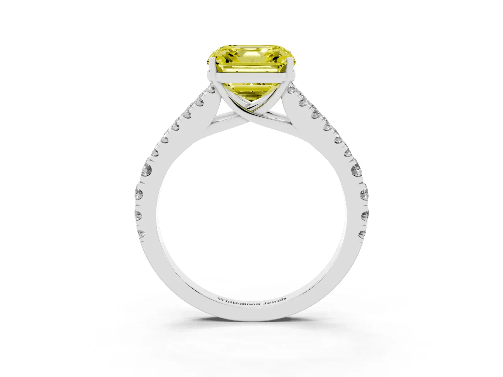 Fancy Yellow Asscher Cut Diamond Split Shank Engagement Ring with Round Pavé and Prong Setting White gold