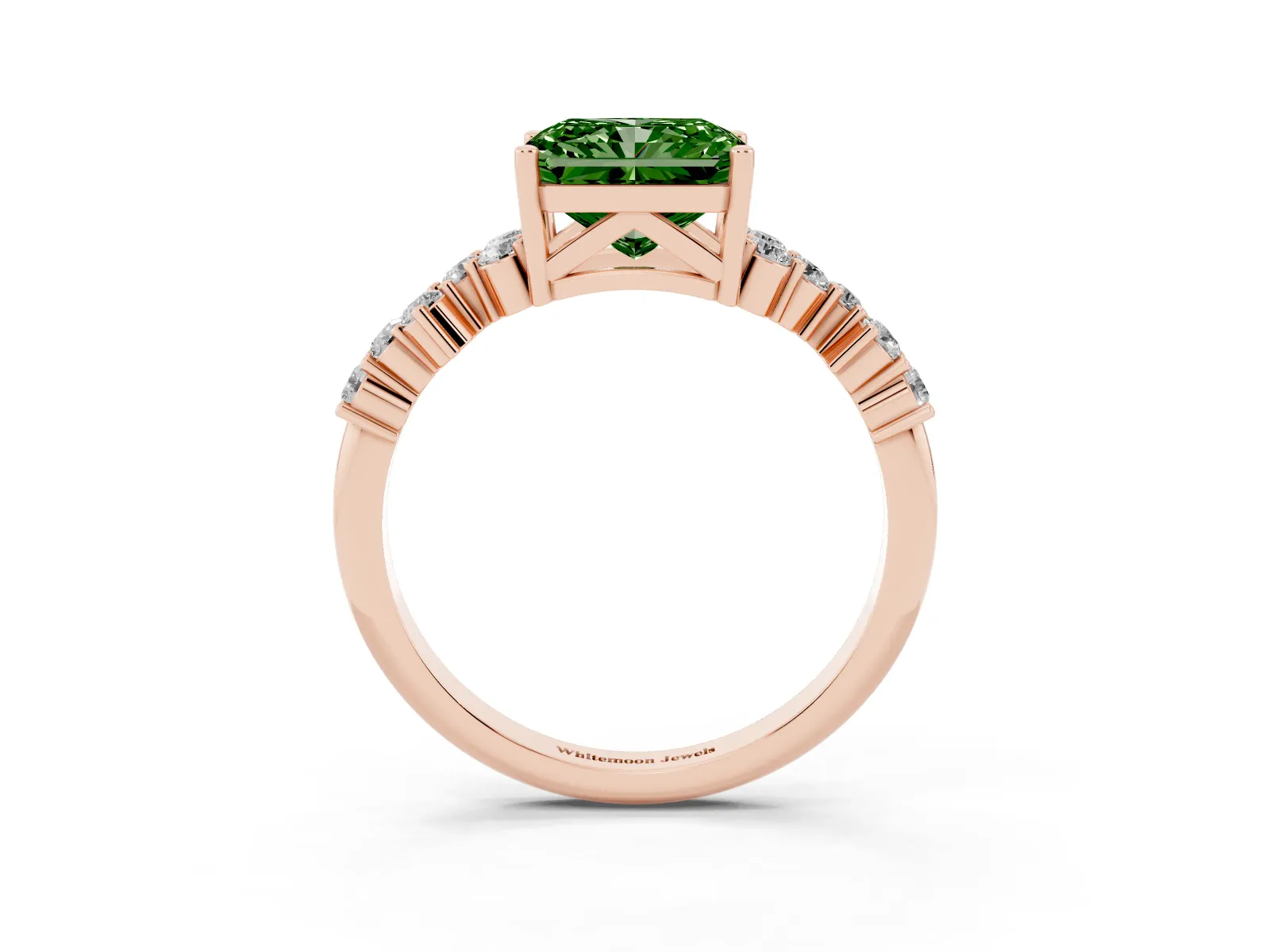 Fancy Green Radiant Cut Diamond Scattered Round Accent Ring with Prong Setting Rose gold