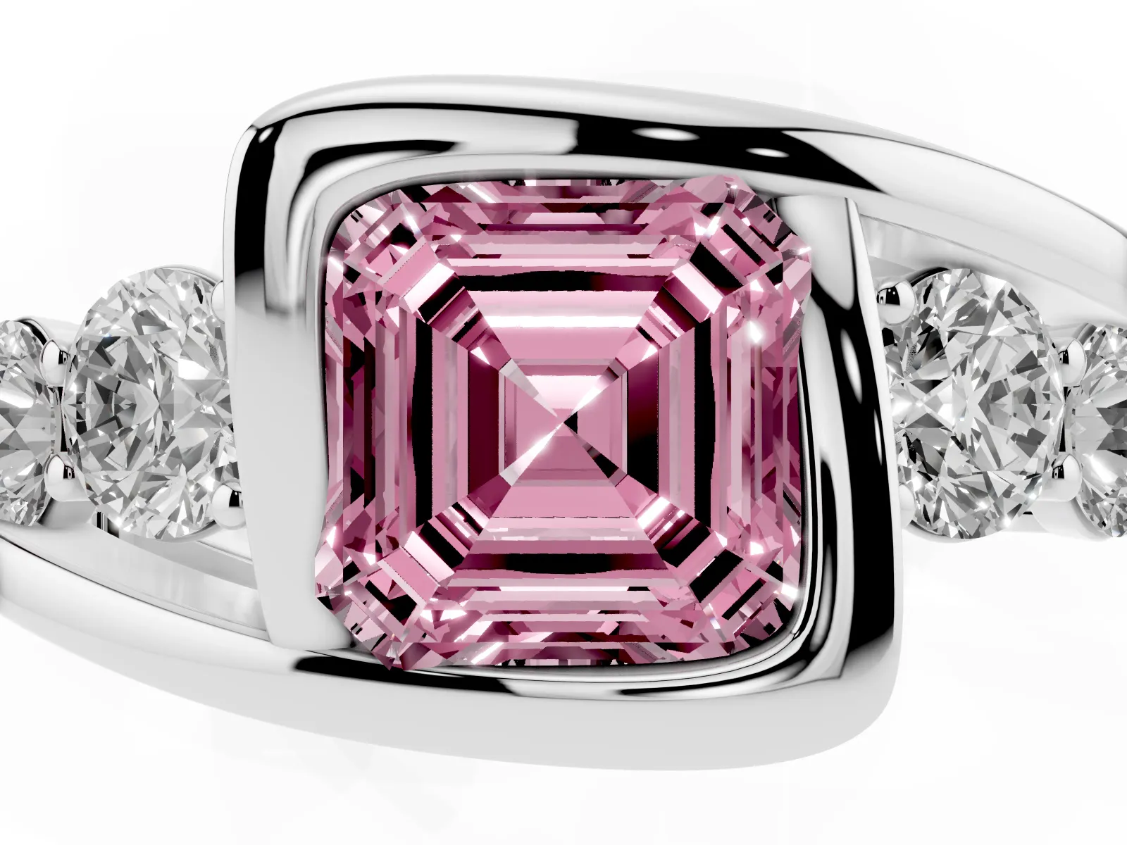 Fancy Pink Bezel Set Asscher Cut Diamond Bypass Ring with Round Accents Platinum