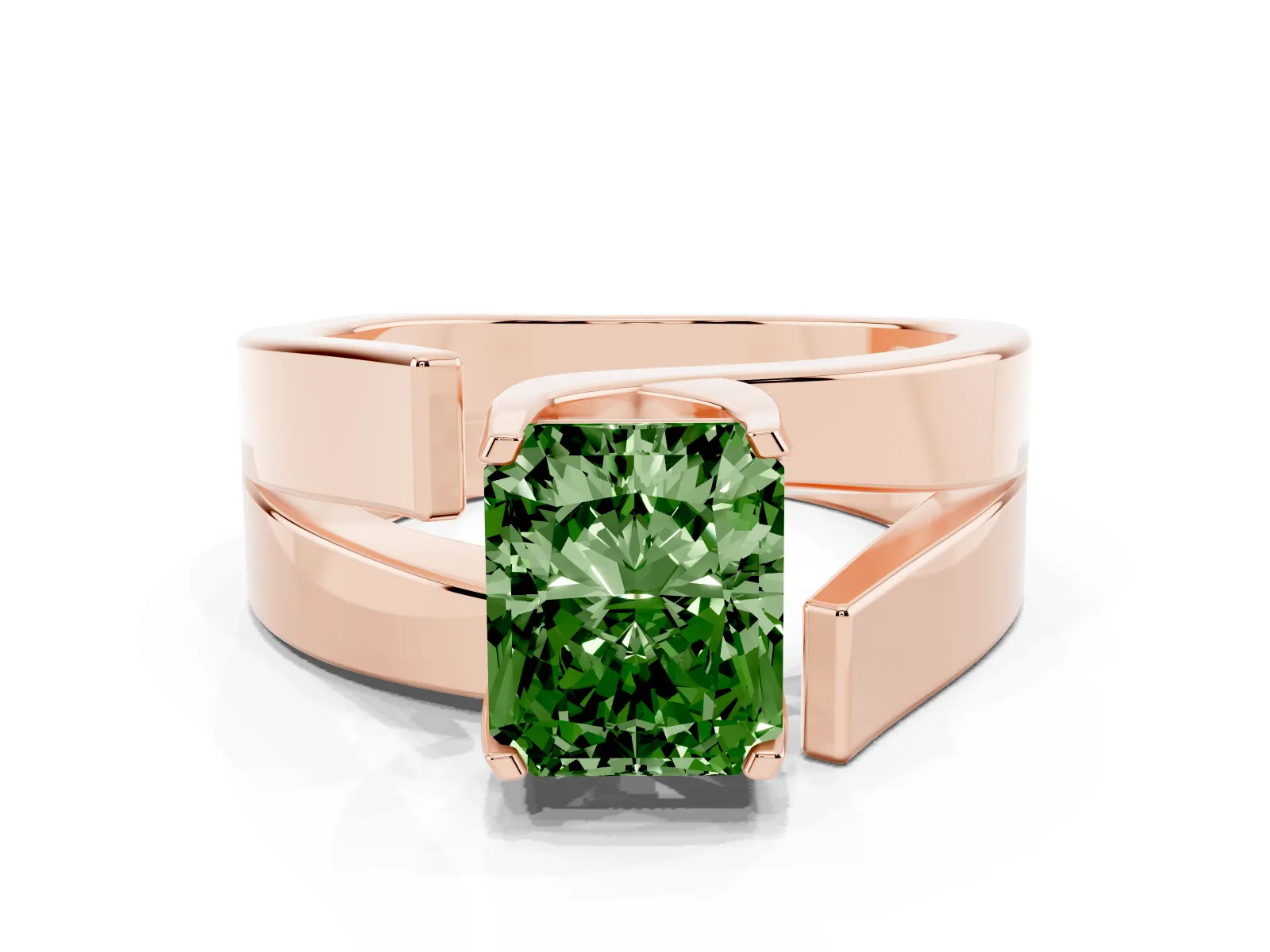 Fancy Green Modern Tension Set Radiant Cut Diamond Solitaire Wide Band Ring Rose gold