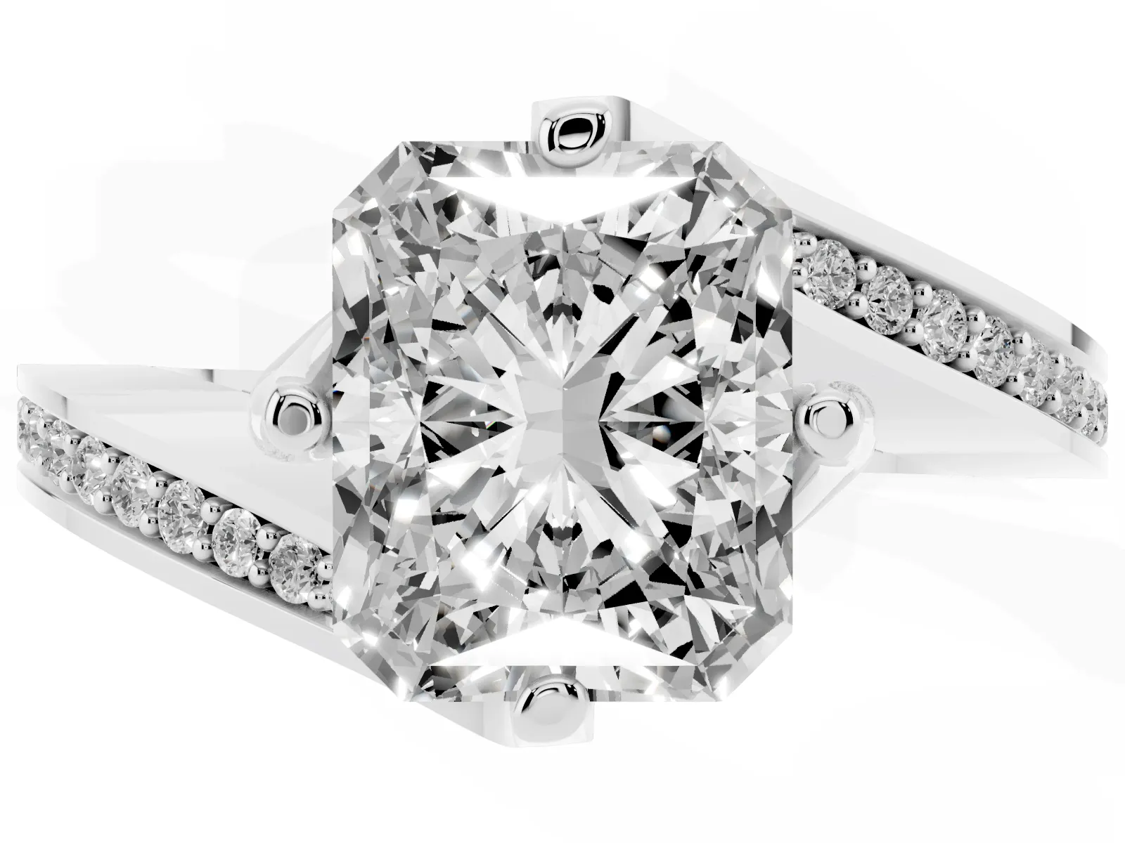 Radiant Cut Solitaire Diamond Twist Band with Pavé Setting and Four-Prong Setting Platinum