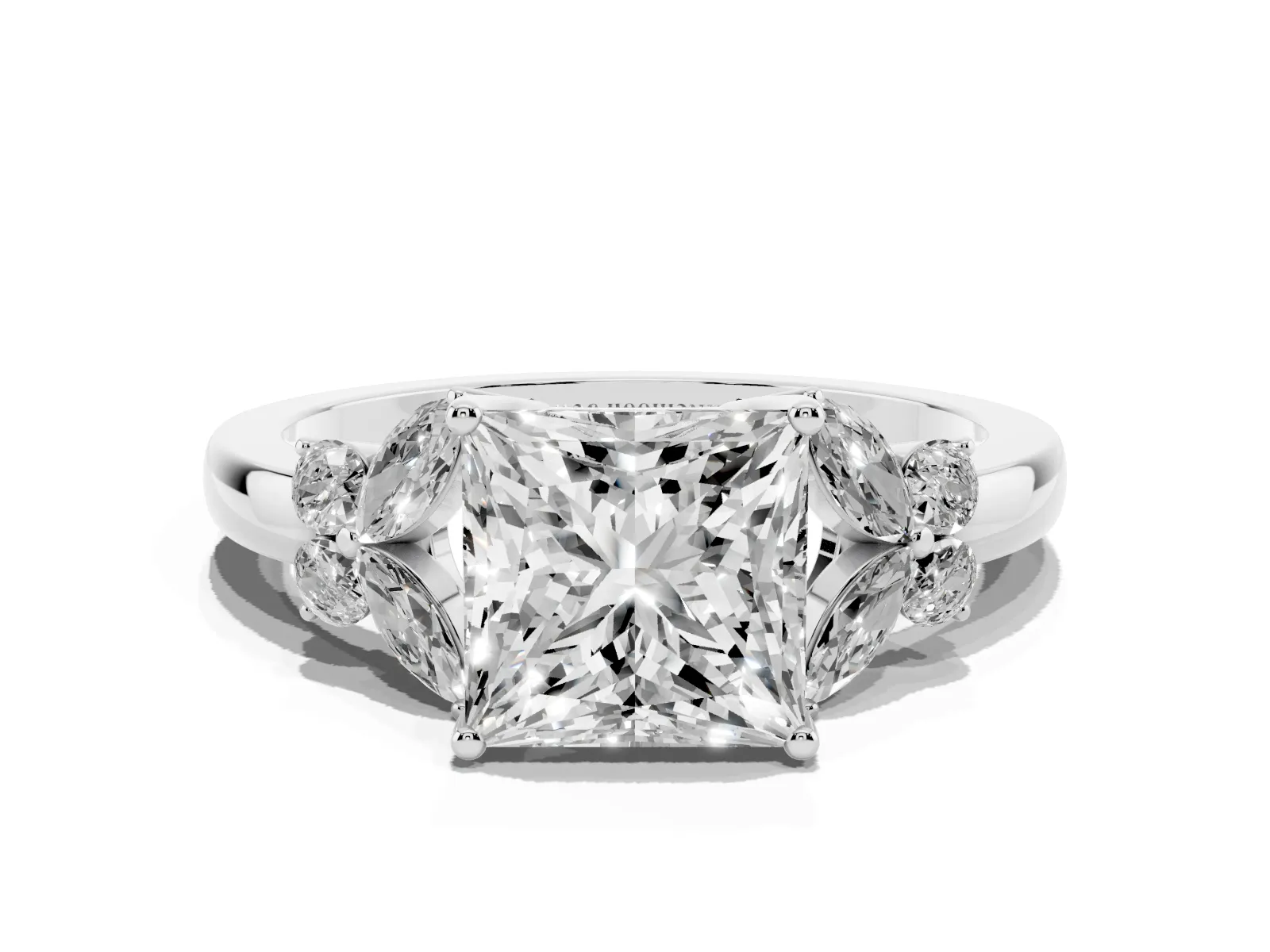 Princess Cut Cut Solitaire Floral Diamond Ring with Four-Prong Setting Platinum