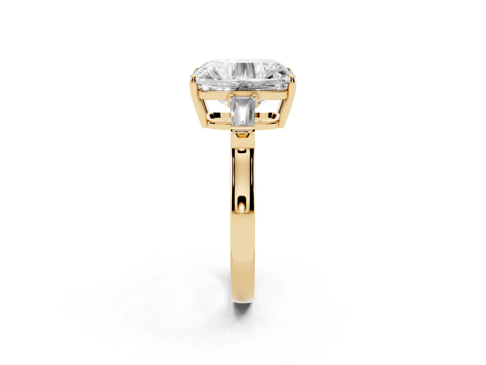 Old Mine Elongated Cushion Diamond with Side Tapered Baguette Three Stone Ring Yellow gold