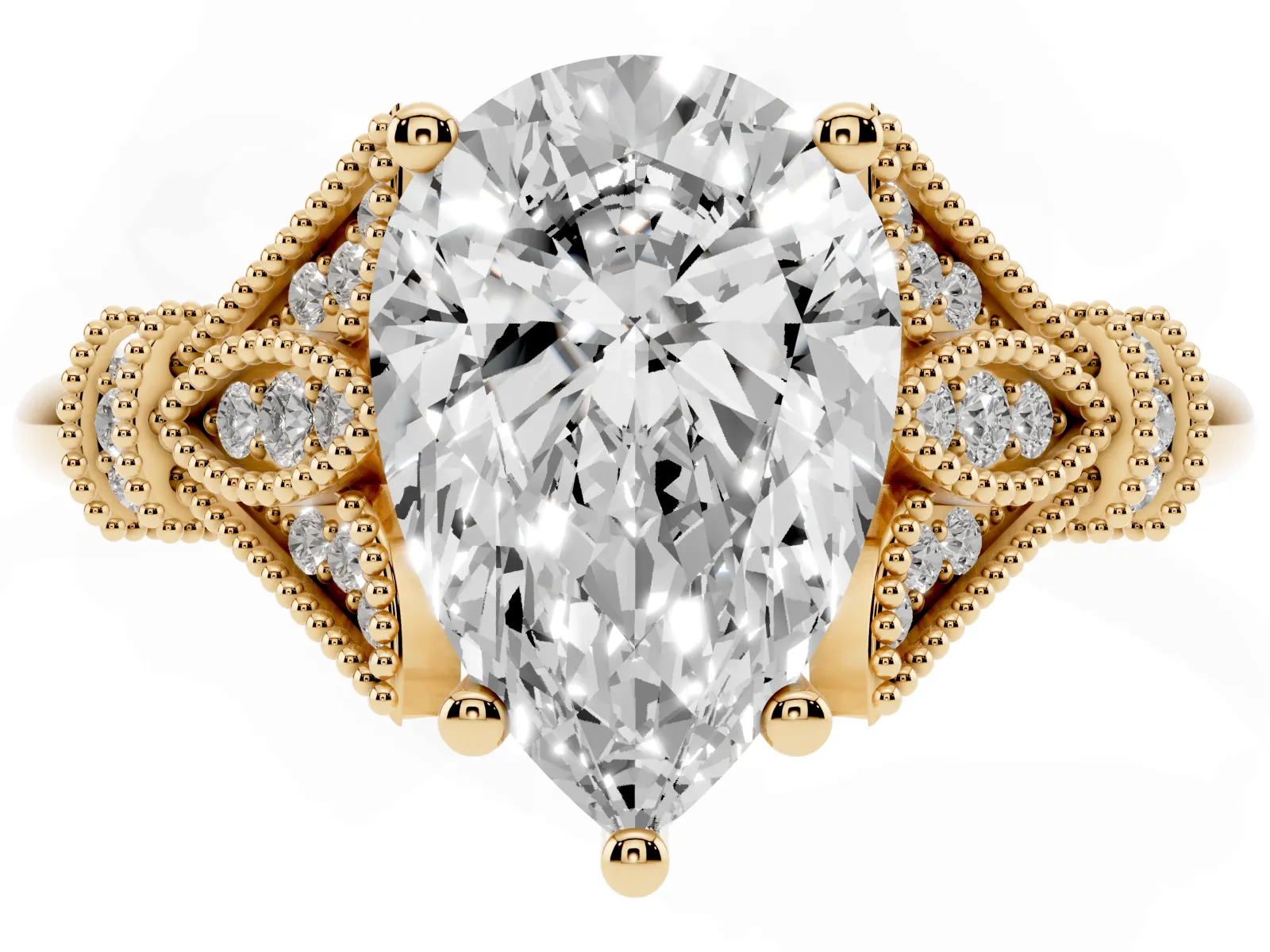 Pear Cut Diamond Solitaire Ring with Floral Filigree and Pave Accents Yellow gold