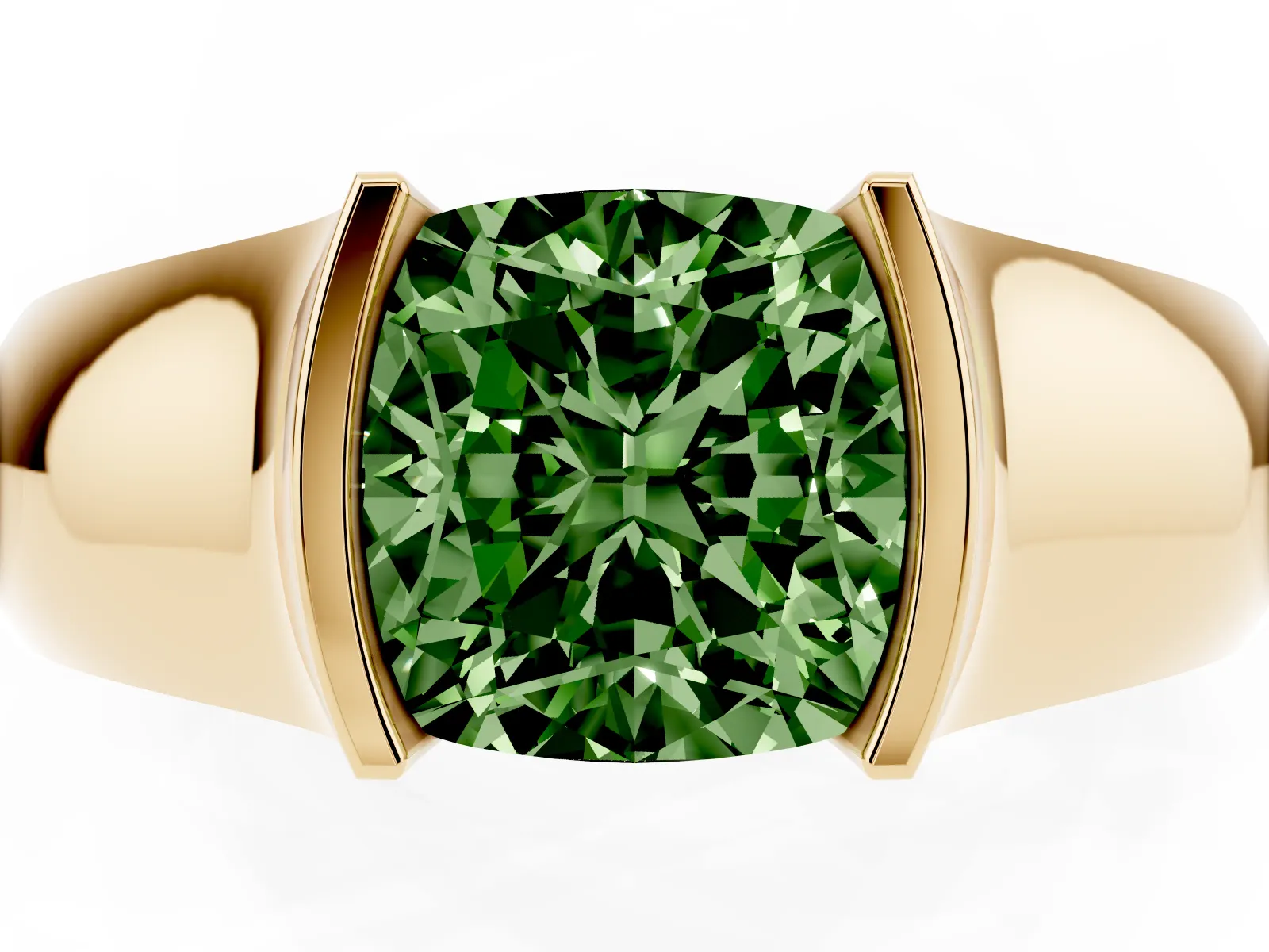 Fancy Green Cushion Cut Solitaire Bezel Set Diamond Ring with Wide Band Yellow gold