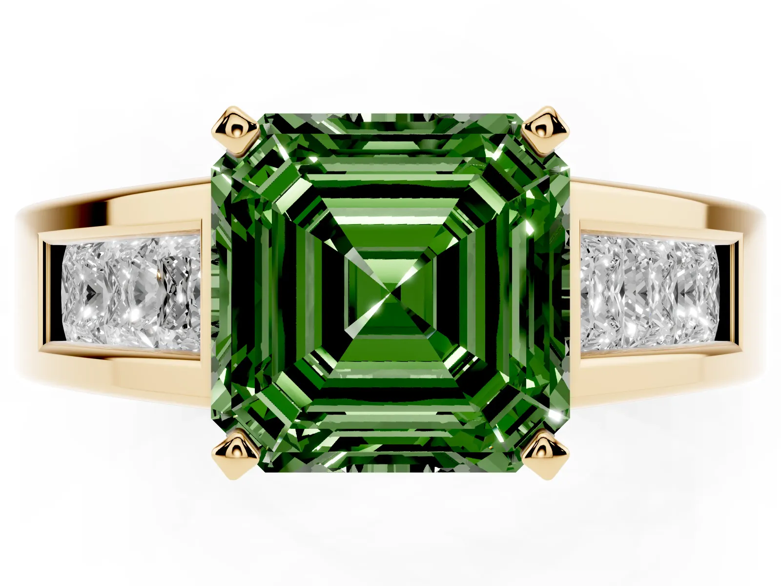 Fancy Green Asscher Cut Cut Channel Set Solitaire Ring with Four-Prong Setting Yellow gold