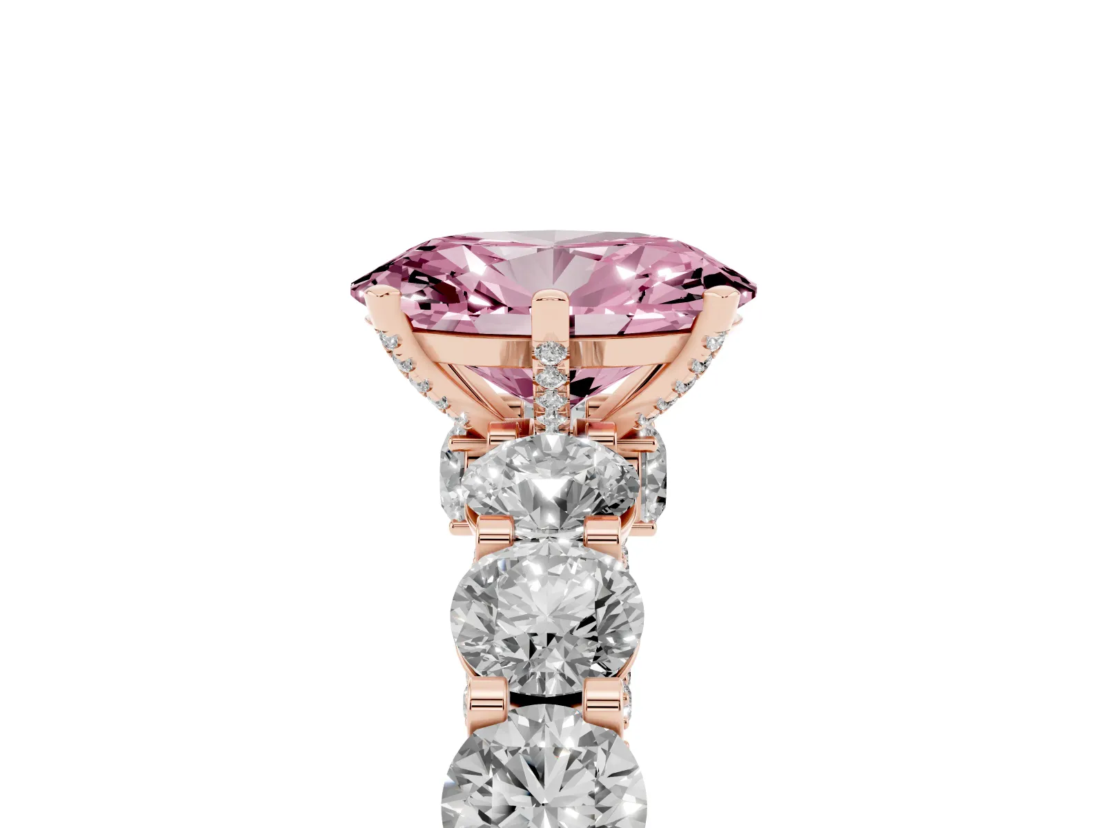 Fancy Pink Oval Cut Diamond Side Stone Engagement Ring with Four-Prong Setting Rose gold