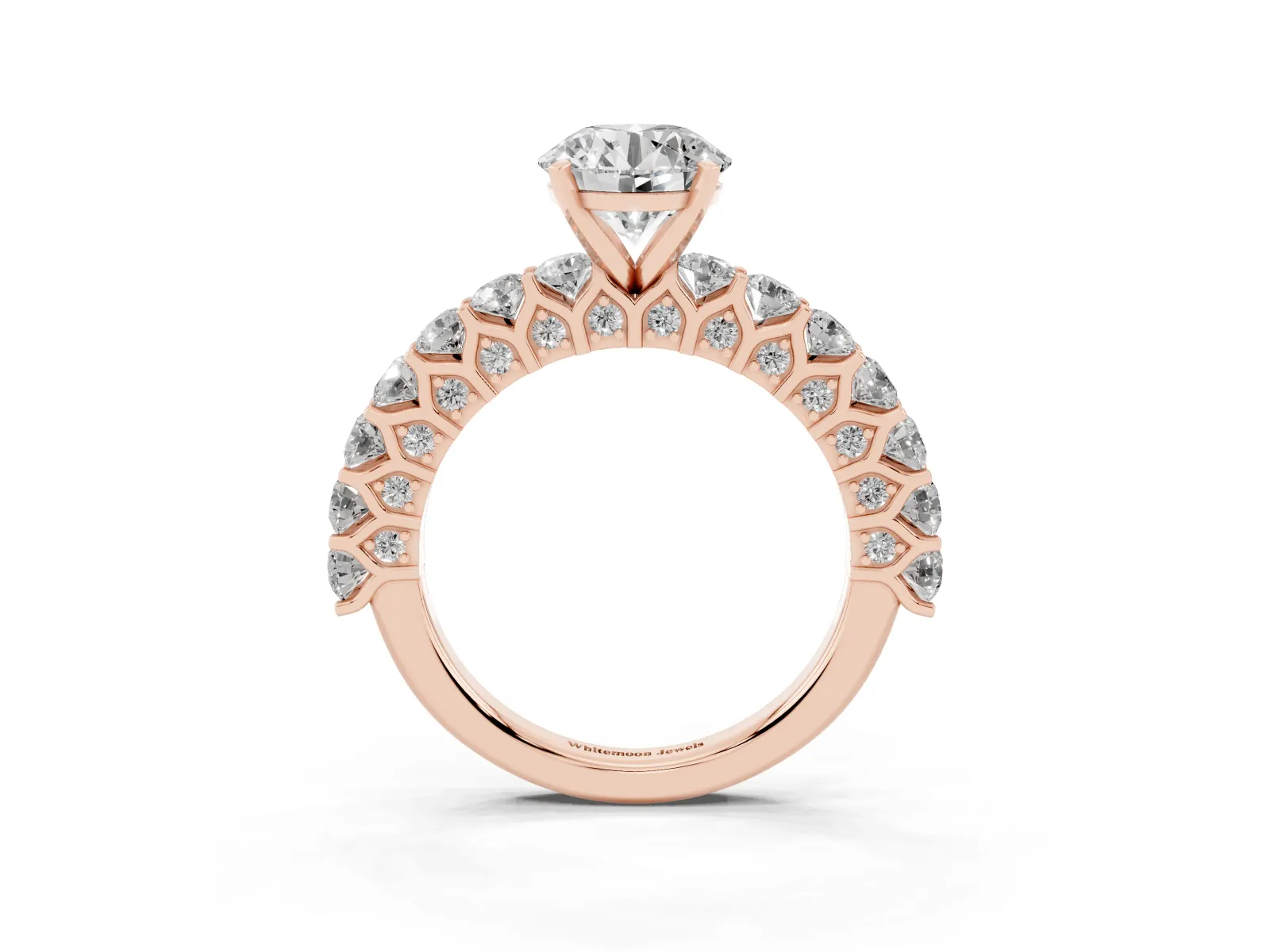 Round Cut Diamond Solitaire Ring with Shared Prong Pavé Band and Four-Prong Setting Rose gold
