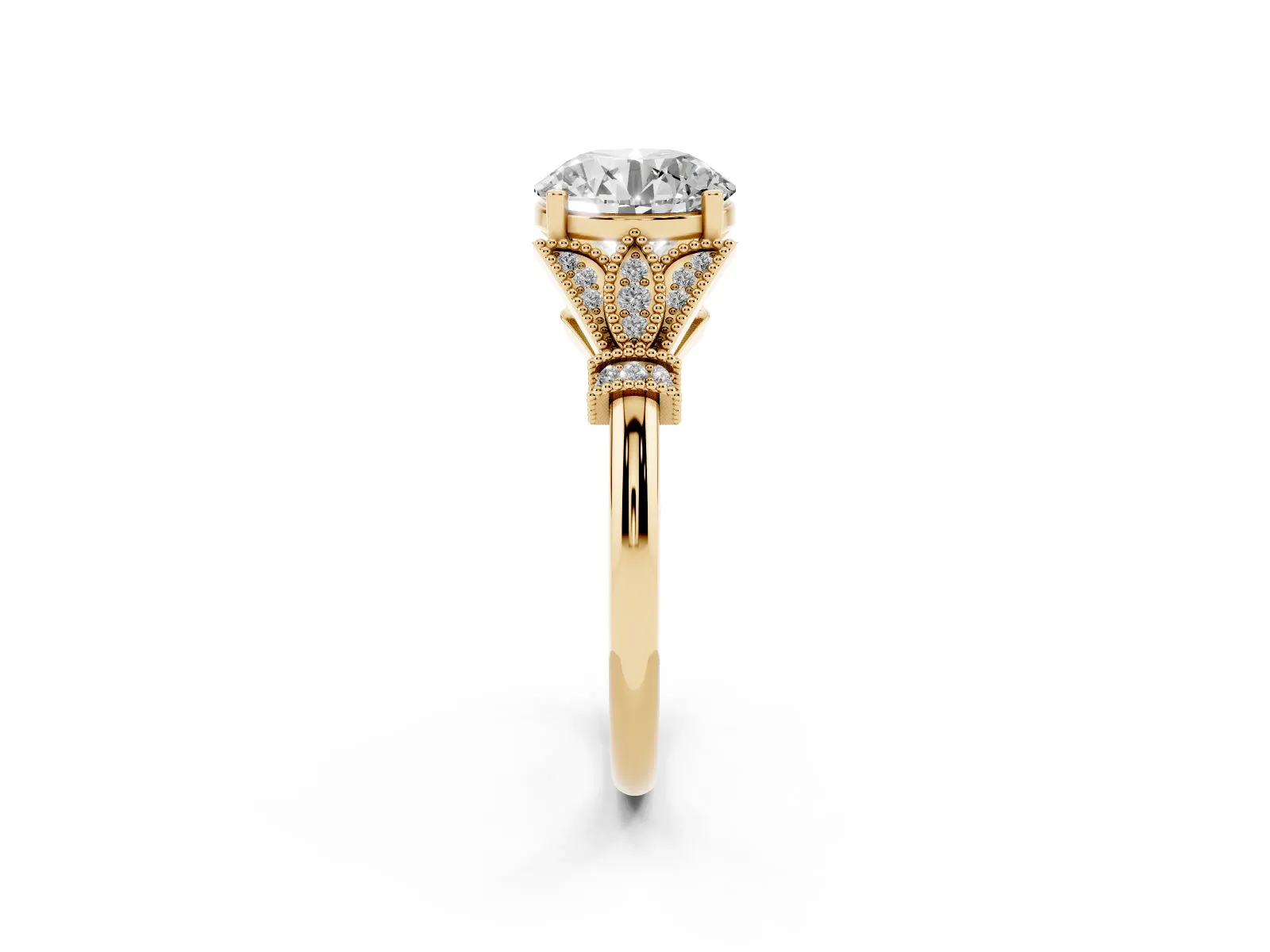 Round Cut Diamond Solitaire Ring with Floral Filigree and Pave Accents Yellow gold