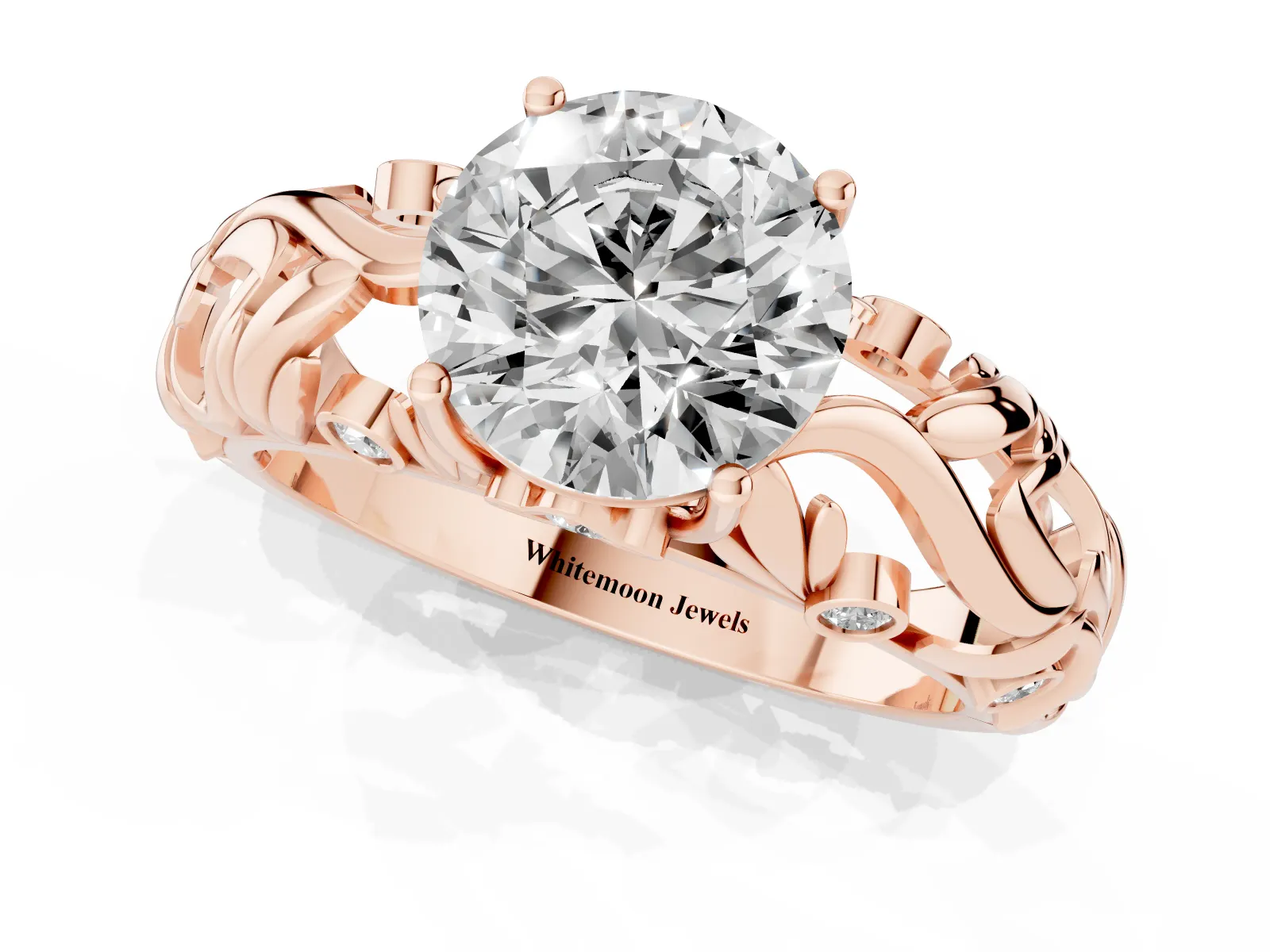 Round Cut Solitaire Diamond Leaf-Inspired Vine Band Ring with Prong Setting Rose gold