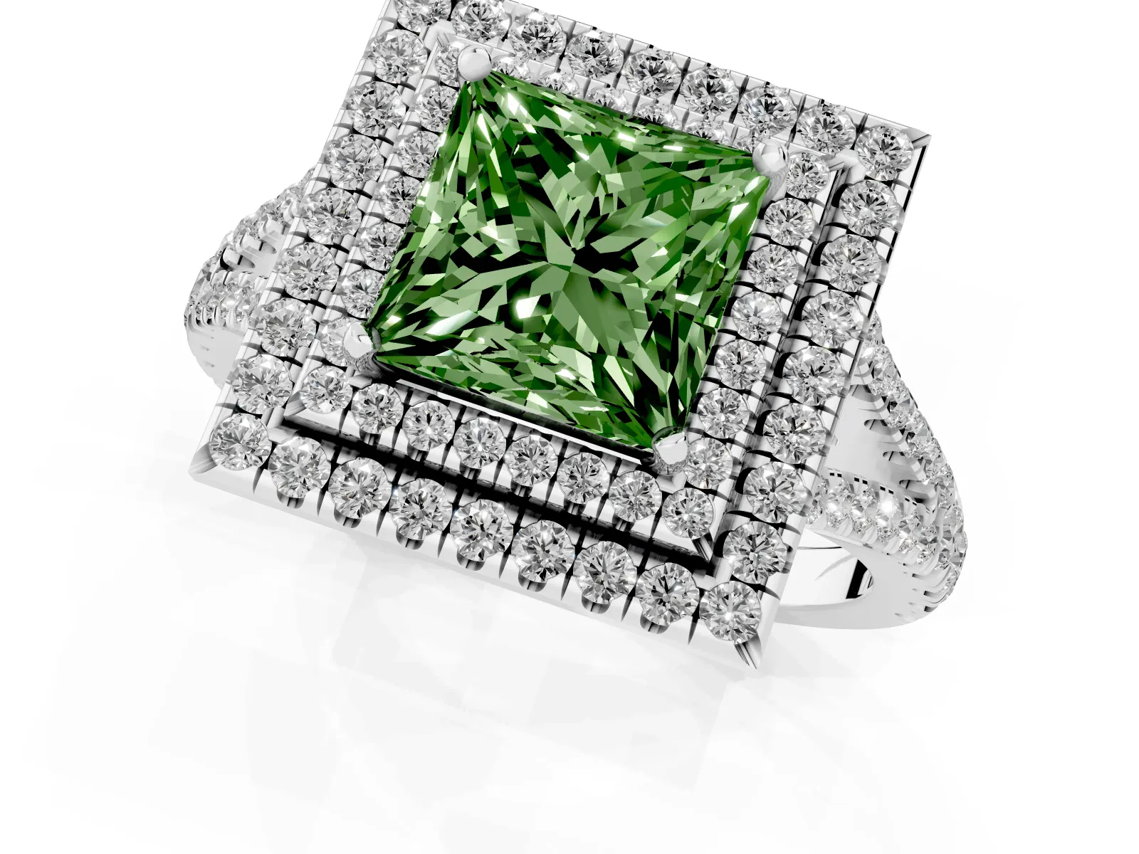 Fancy Green Princess Cut Diamond Double Halo Ring with Pavé Band and Prong Setting Platinum