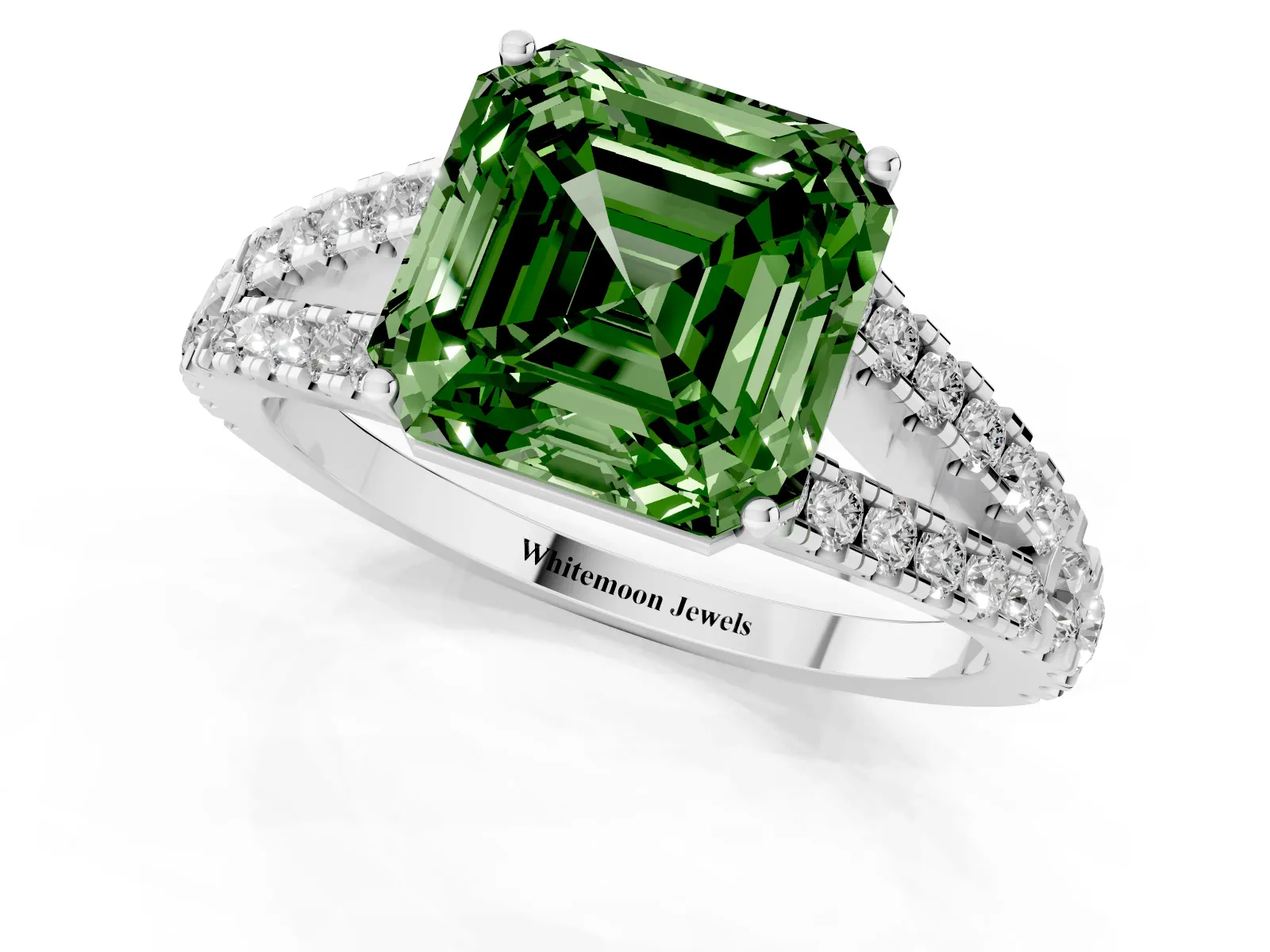 Fancy Green Asscher Cut Diamond Split Shank Engagement Ring with Round Pavé and Prong Setting White gold