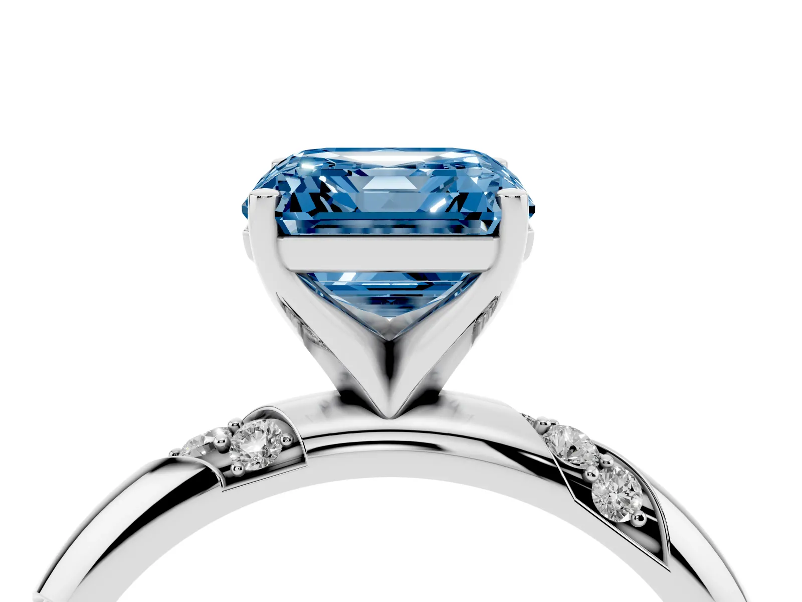 Fancy Blue Asscher Cut Diamond Solitaire Engagement Ring with Twisted Round Accent Band and Prong Setting Platinum
